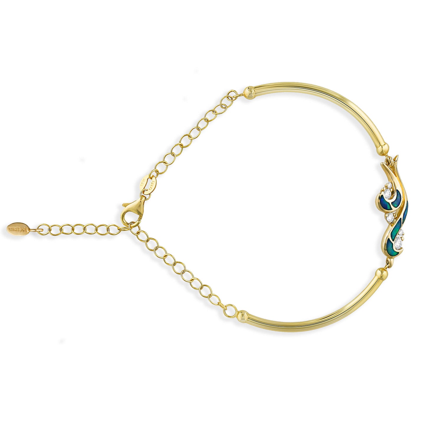 Yellow gold bracelet with abalone inlay and diamond accents in a waterfall-inspired design. Item No. 44300