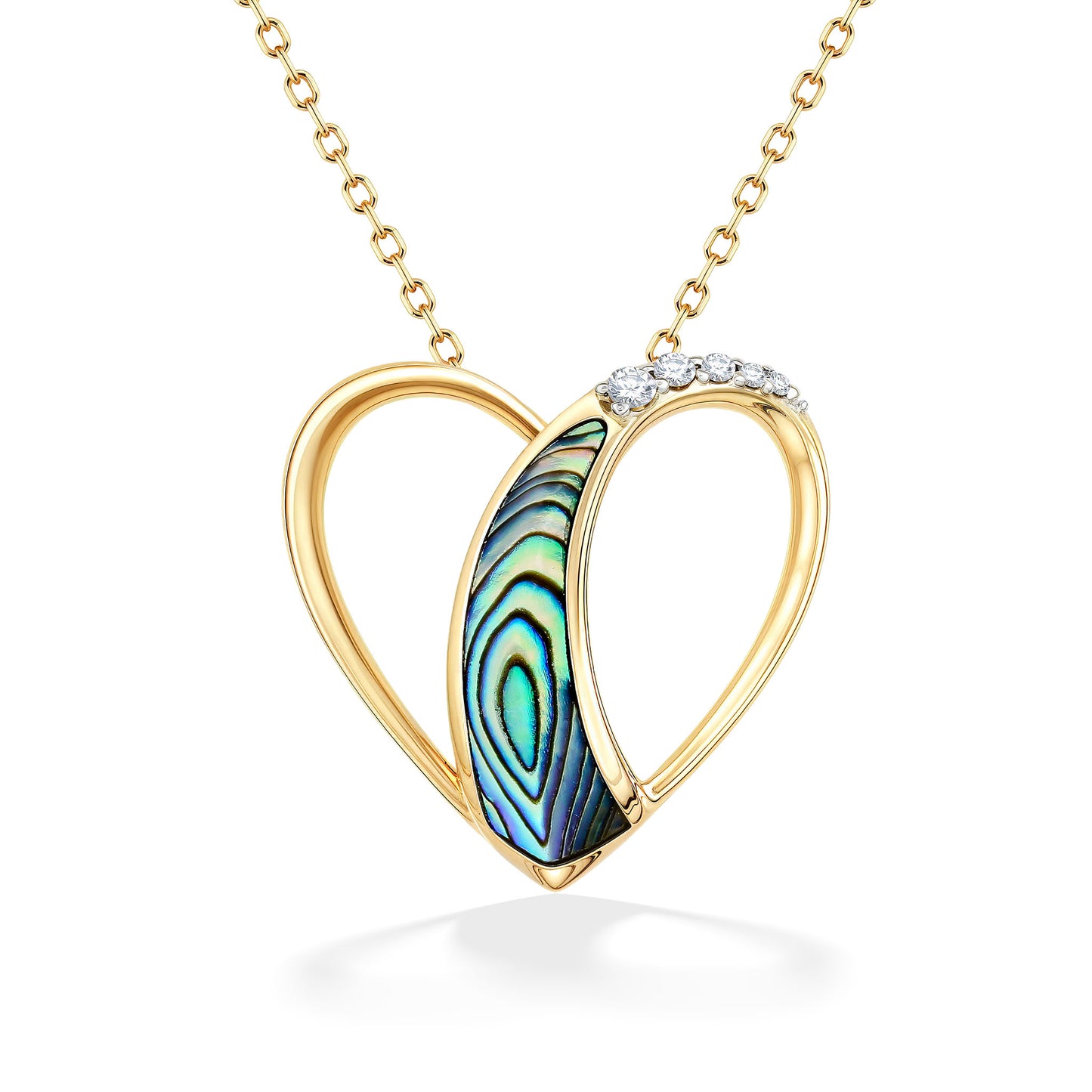 An open heart pendant showcases flowing yellow gold lines, abalone shell inlay, and a row of diamonds. Item No. 44304