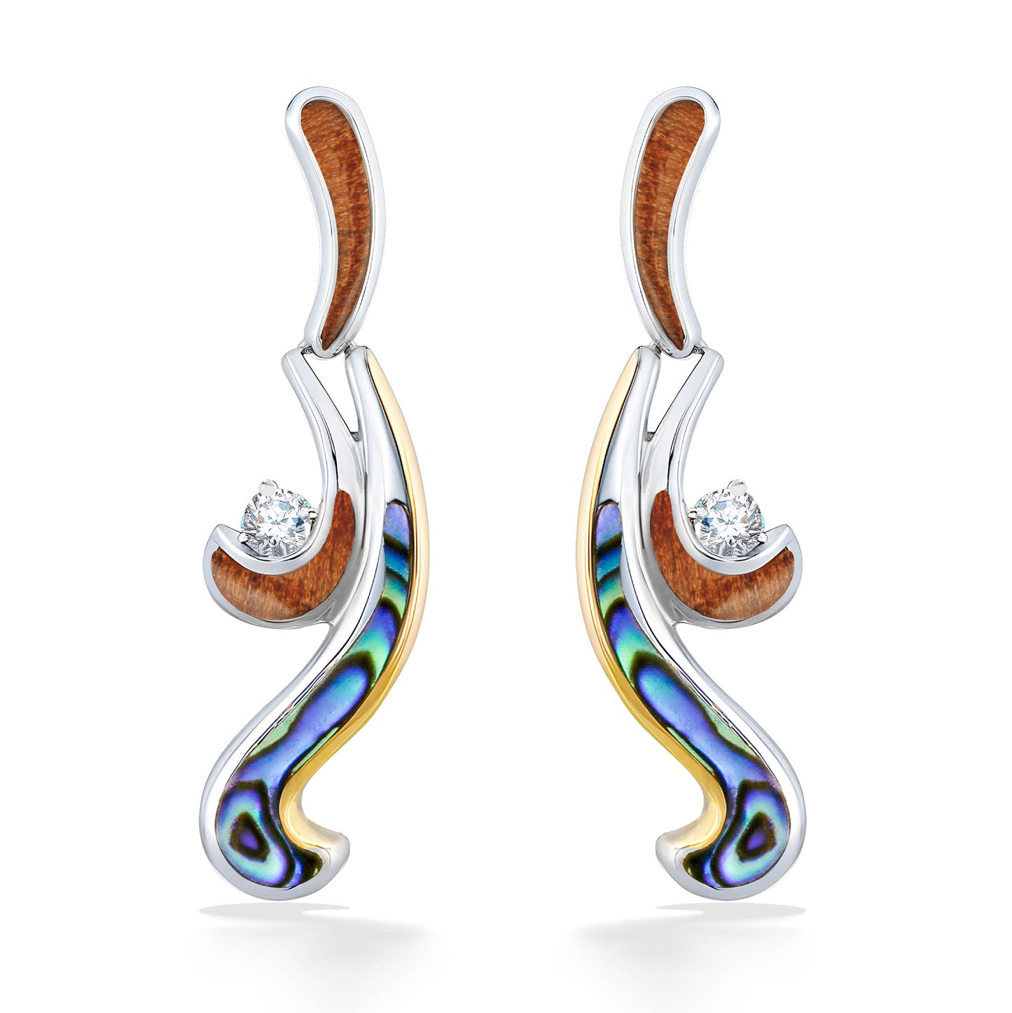 Waterfall earrings in sterling silver with koa wood and abalone inlay, 18k gold & diamond accents. Item No. 44306