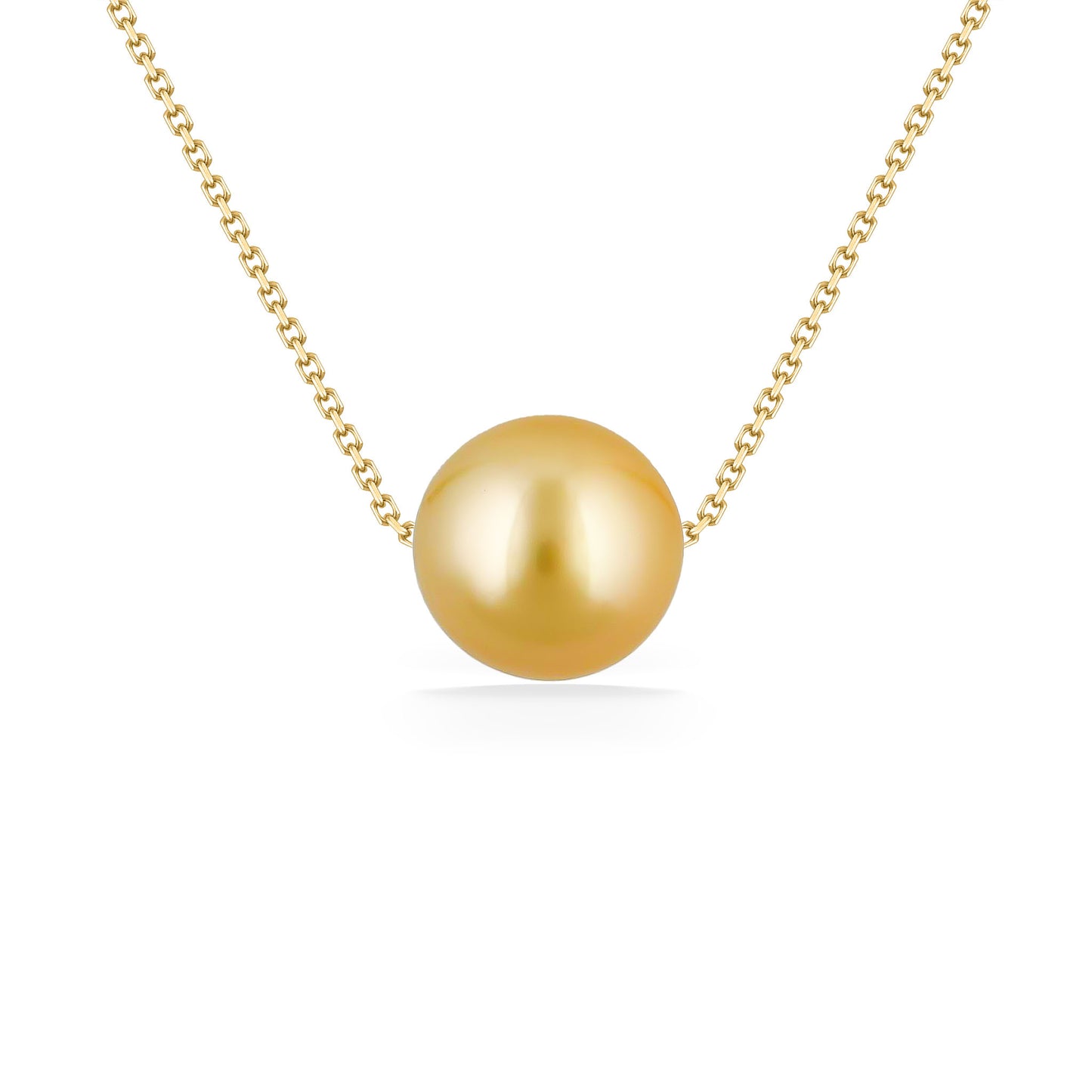 Smooth 9mm Golden South Sea pearl showcased on a refined 14K yellow gold slider necklace with delicate links. Item No. 50540