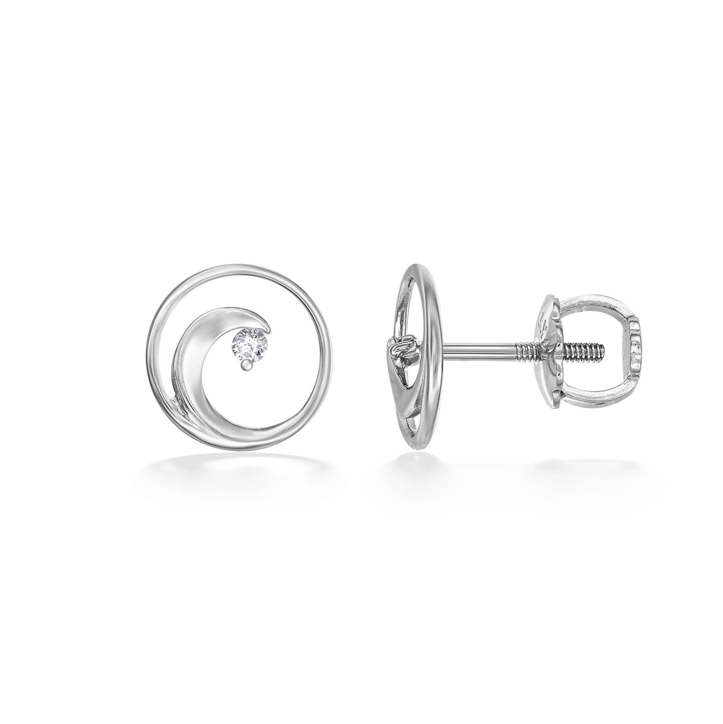 Side view of ocean wave-inspired diamond studs in 14k white gold with secure screw-back posts for children. Item No. 44345