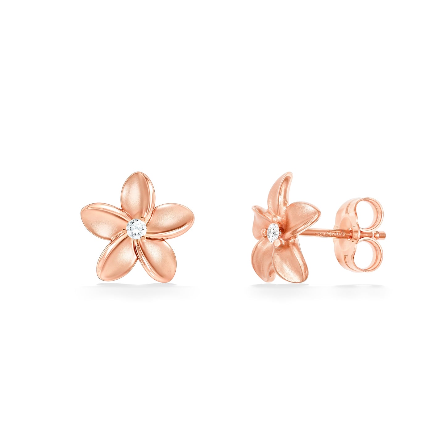 Classic plumeria stud earrings in 14k rose gold with sparkly center diamonds in each flower. Item No. 44366