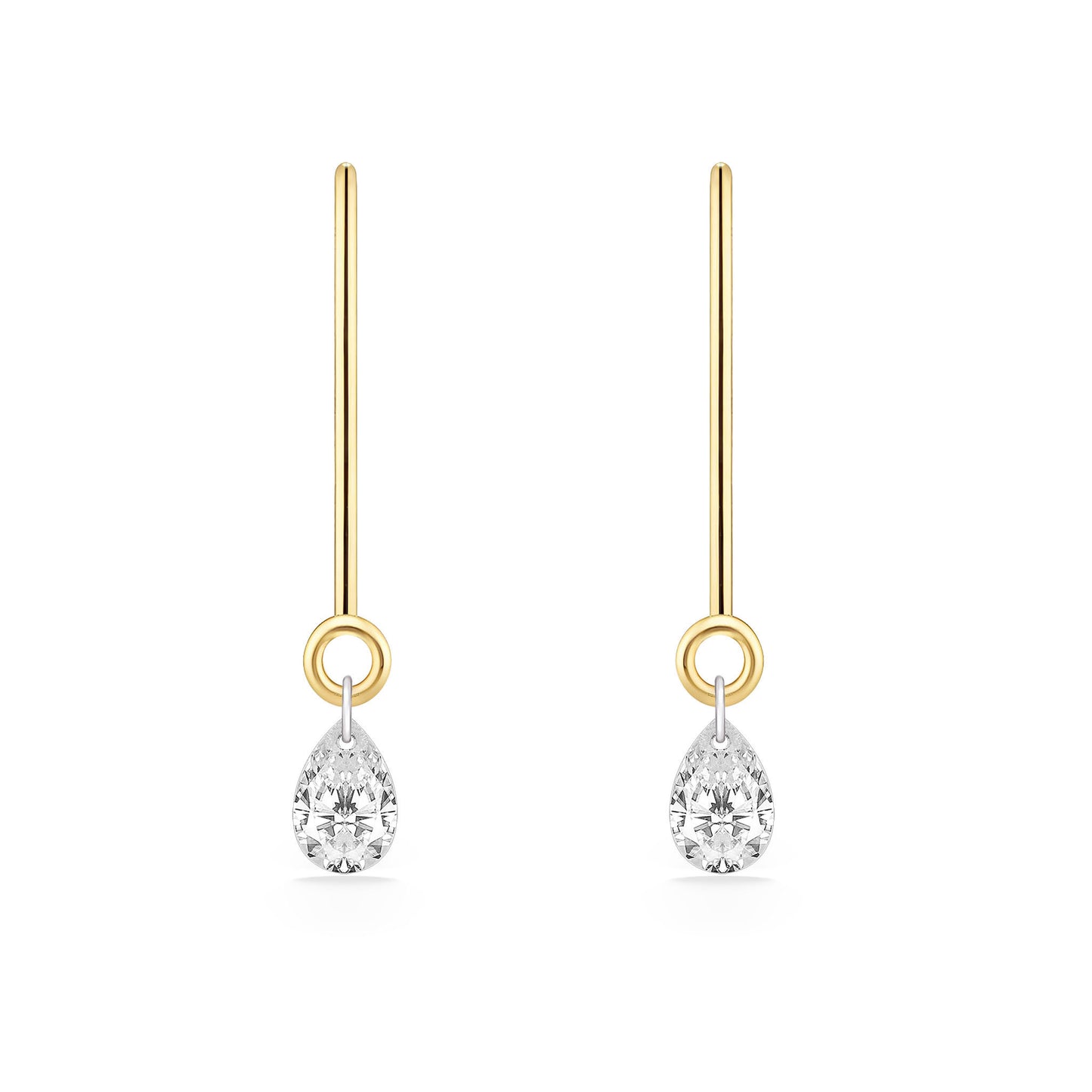 Matching yellow gold leverback earrings with sparkling teardrop-shaped shimmer diamond accents. Item No. 44407