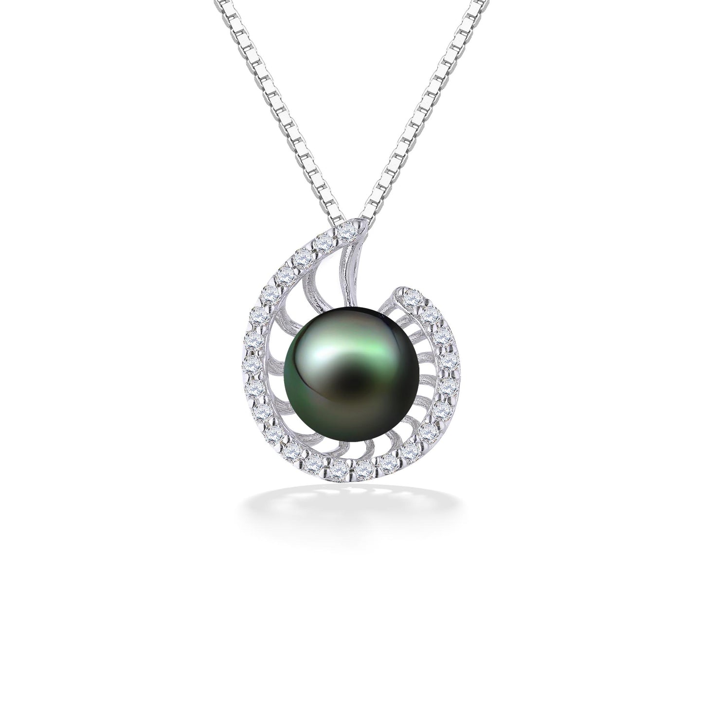 Nautilus-shaped pendant in white gold with a 9mm Tahitian pearl & diamond accents; inspired by oceanic shells. Item 44410