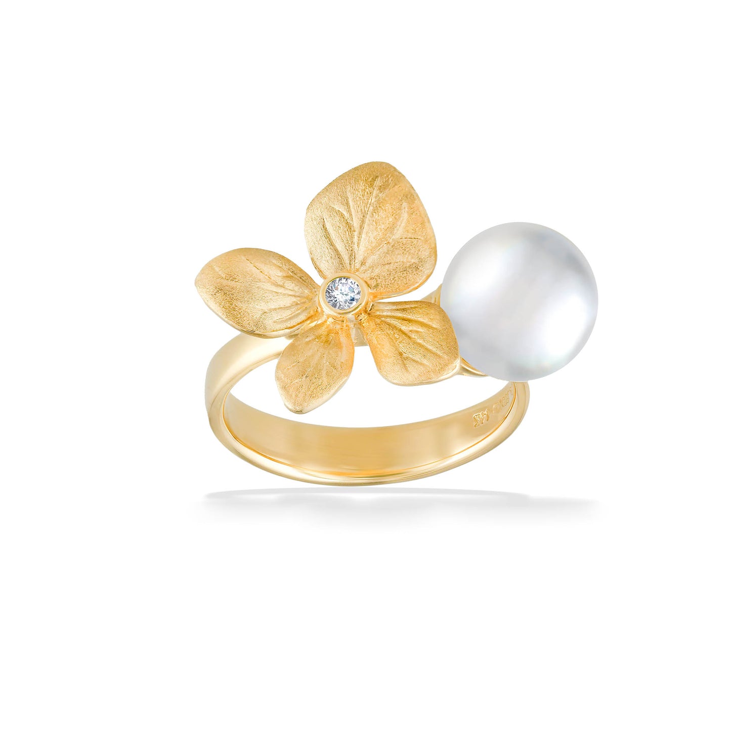 Textured 14K yellow gold hydrangea ring featuring a 9mm White South Sea pearl and sparkling center diamond. Item No. 44438