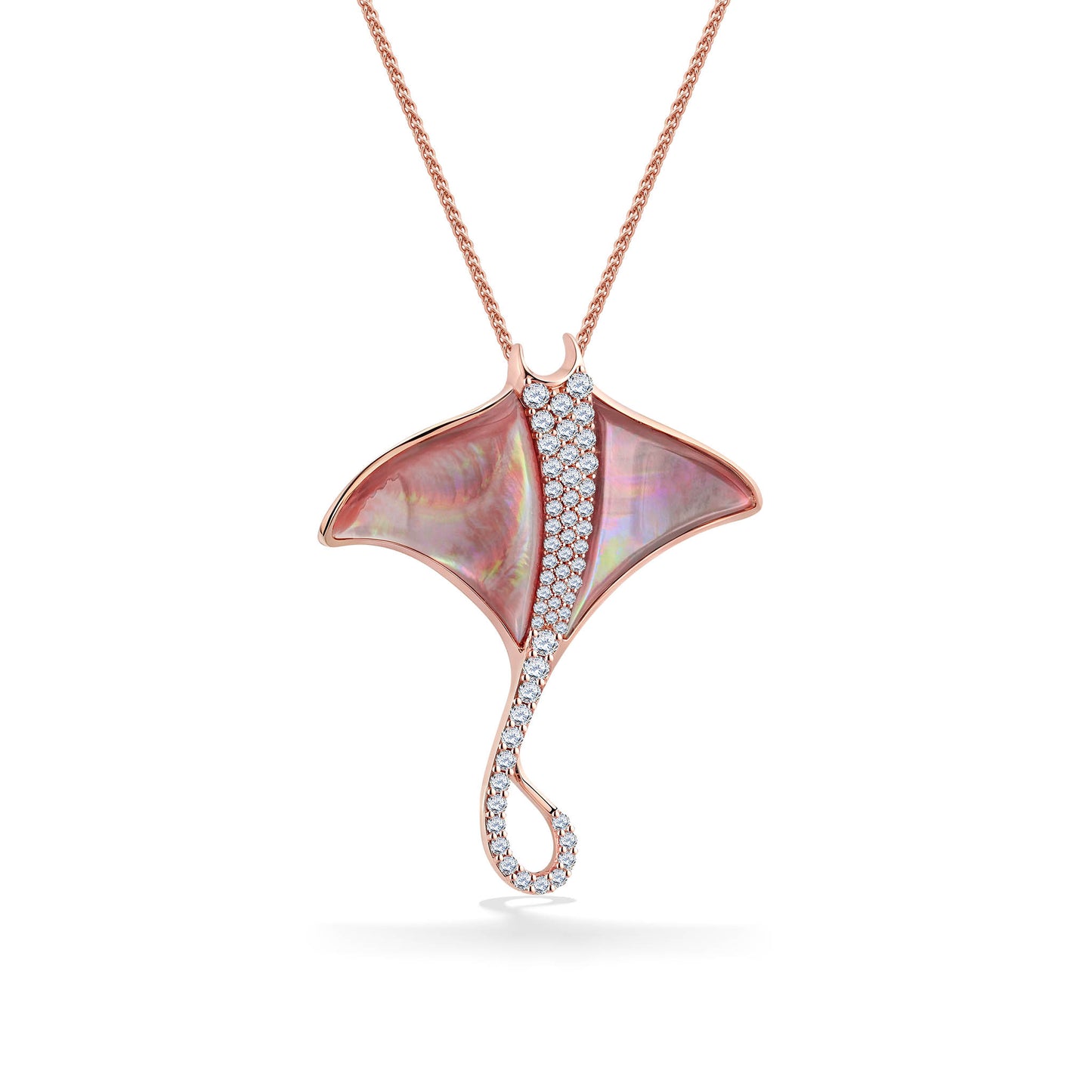 Manta Ray pendant 14K rose gold with pink Mother of Pearl in the fins and diamonds running from head to tail. Item No. 772941