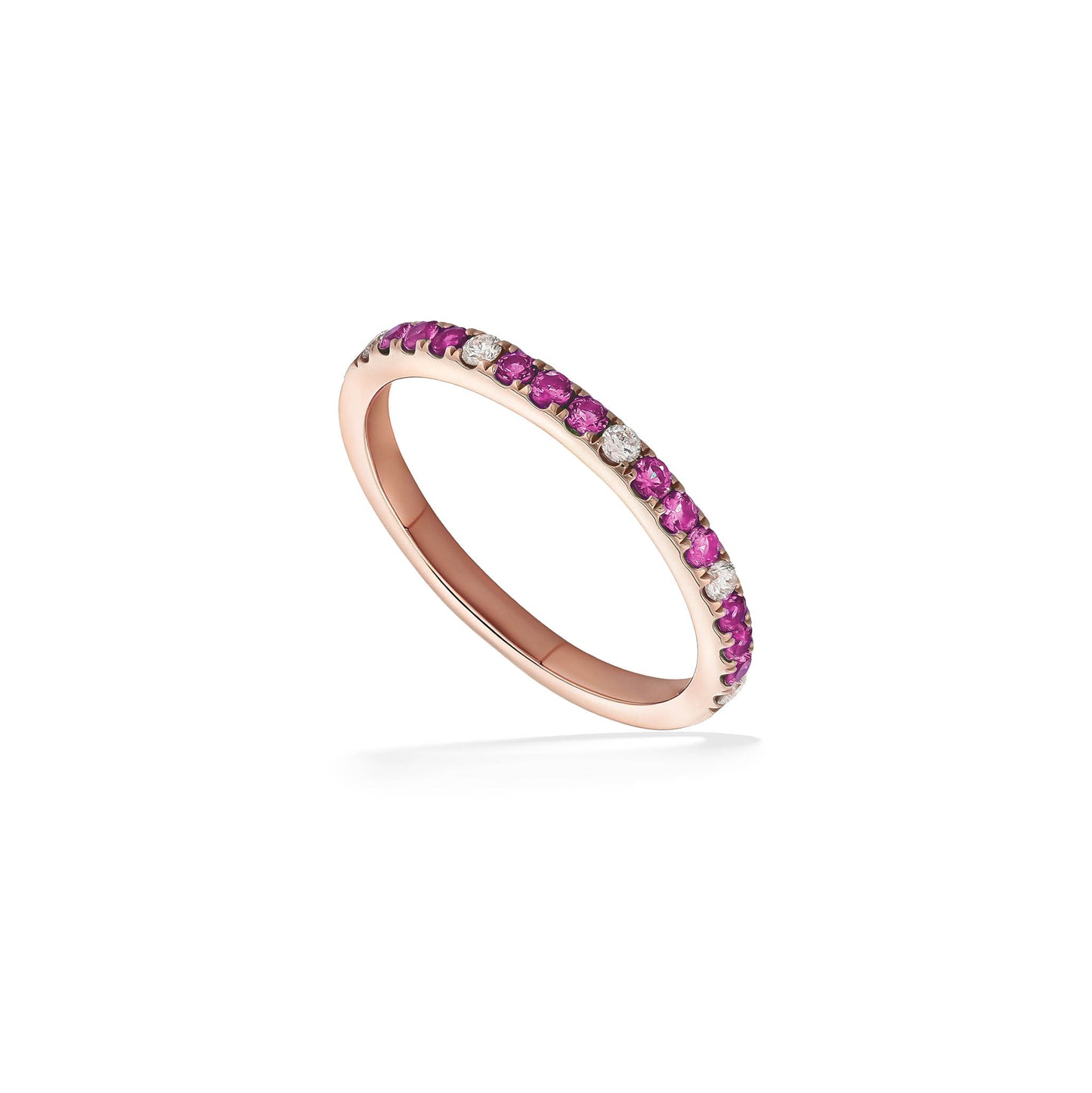14K rose gold Effy ring with a single row of alternating rubys and diamonds in a size 7. Item No. 773038