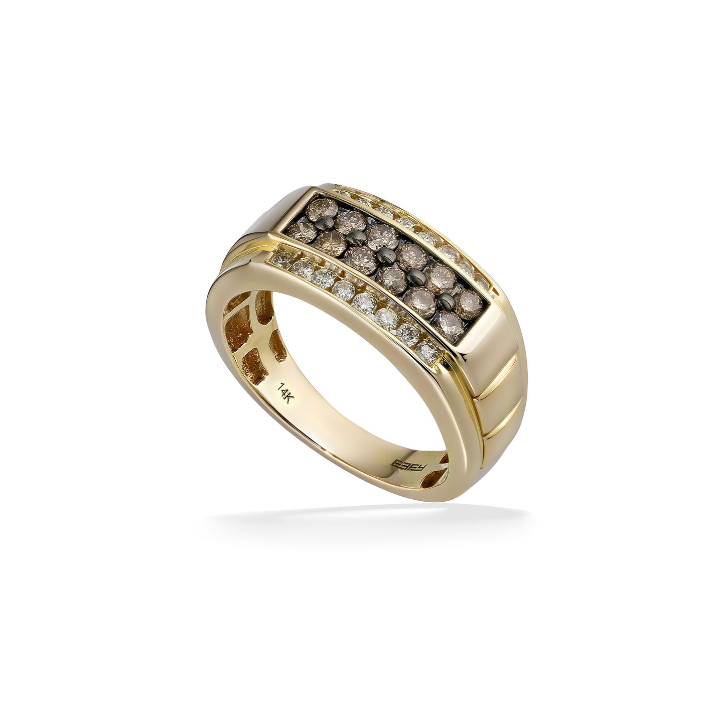 Effy bold men's ring in 14K yellow gold with brown and white diamonds, size 10 band. Item No. 890940