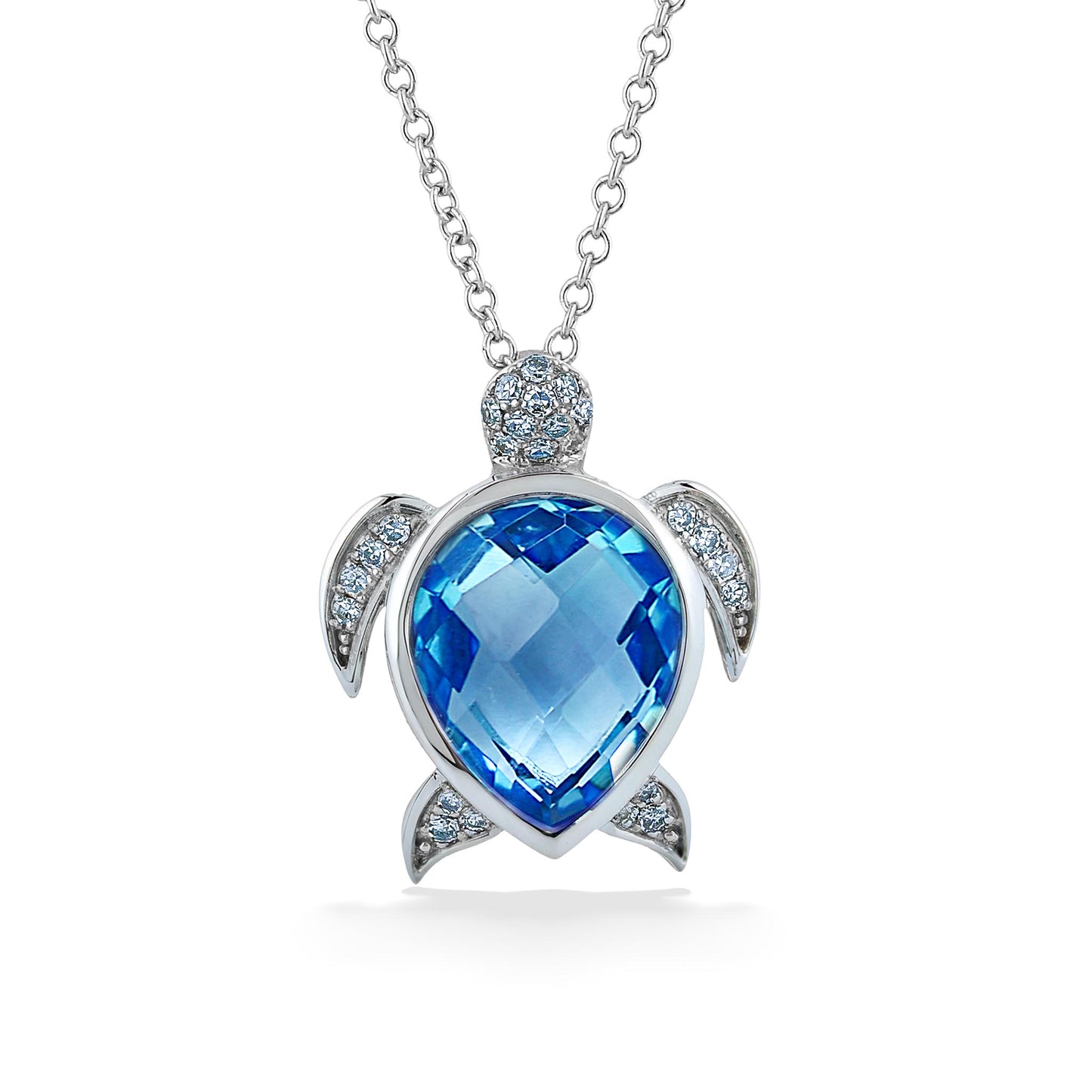 Striking white gold sea turtle pendant centered with a blue topaz, framed by diamonds on the flippers & head. Item No.773089