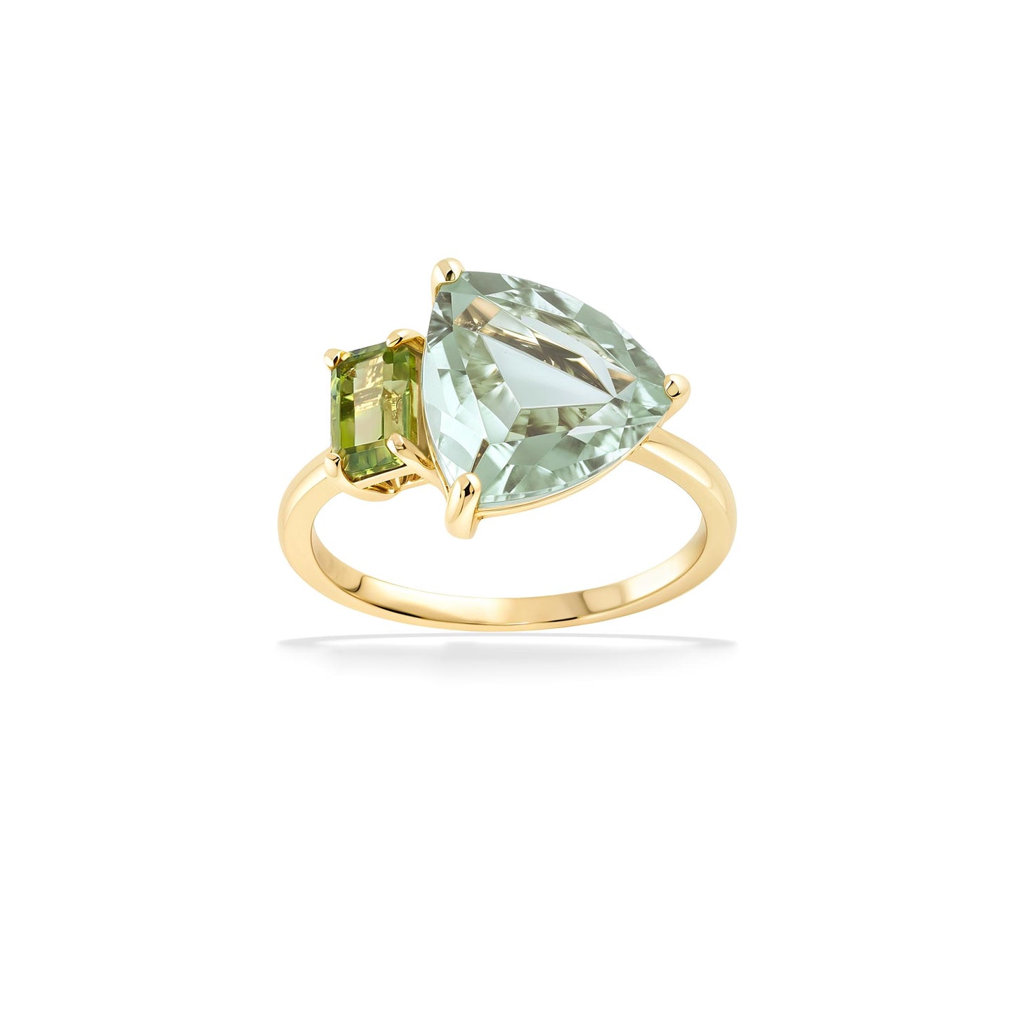Two-stone ring of a large triangle prasiolite paired with a square peridot on polished 14k yellow gold band. Item No. 890994