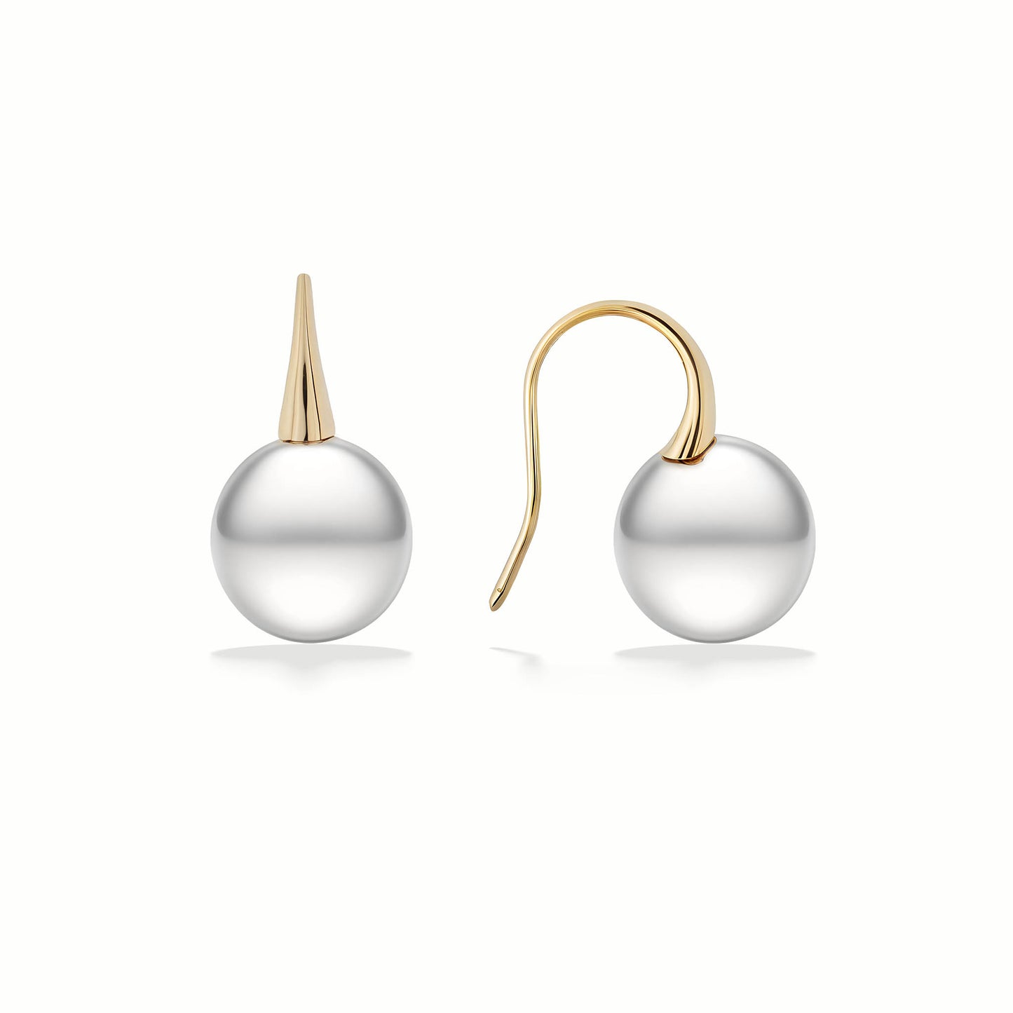 Hook earrings with smooth 12mm white south sea pearls suspended from polished 14k yellow gold hooks. Item No. 773118