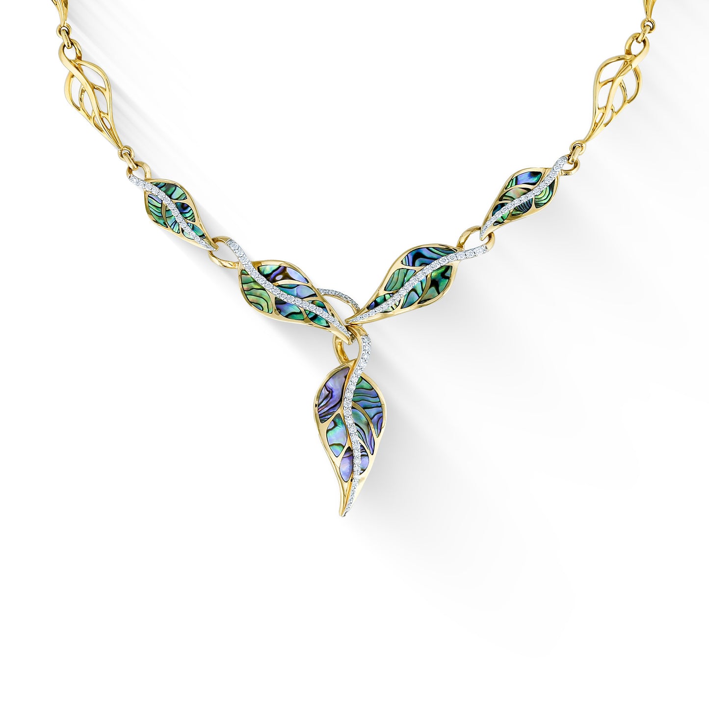 Abalone inlay and diamond ribbons flow across yellow gold maile links in this 19 inch statement necklace. Item No. 44484