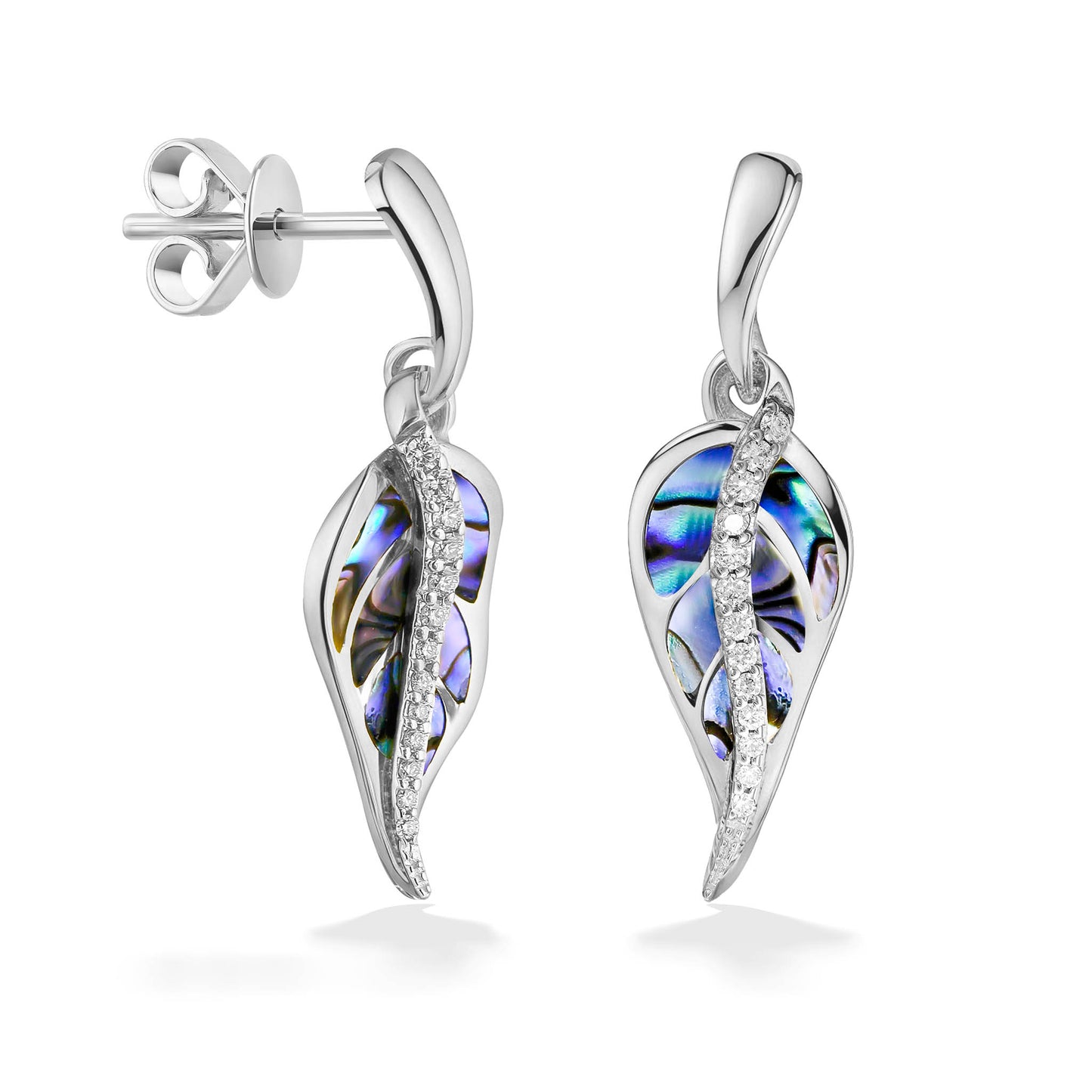 Pair of white gold abalone inlay Maile leaf earrings with curvy center diamonds partially shown with backings. Item No. 44483