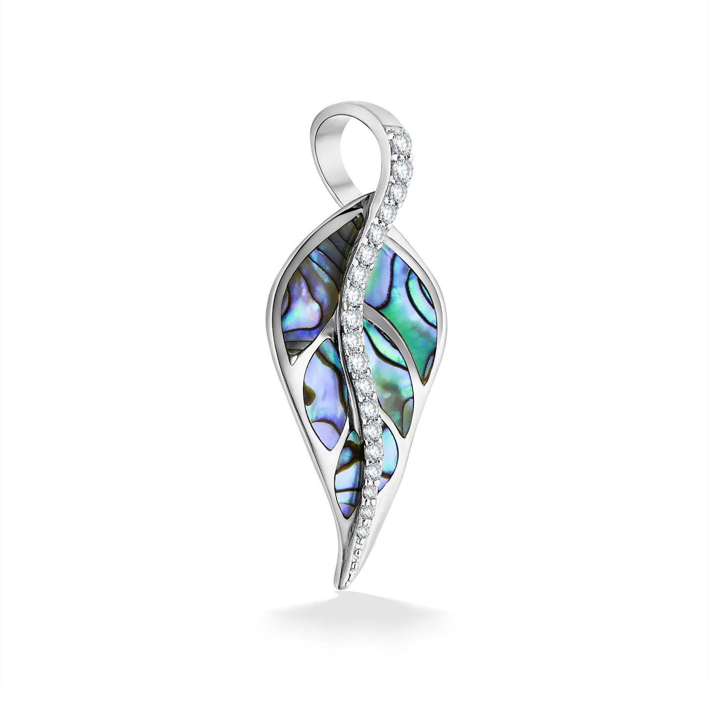 Large Maile Leaf pendant with linear diamonds in the center of the leaf & abalone inlay set in 14K white gold. Item No. 44486
