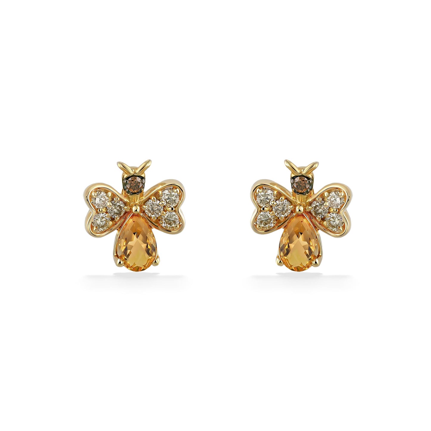 Whimsical honeybee earrings in gold with pear-cut citrine and sparkling diamond wings. Item No. 773153