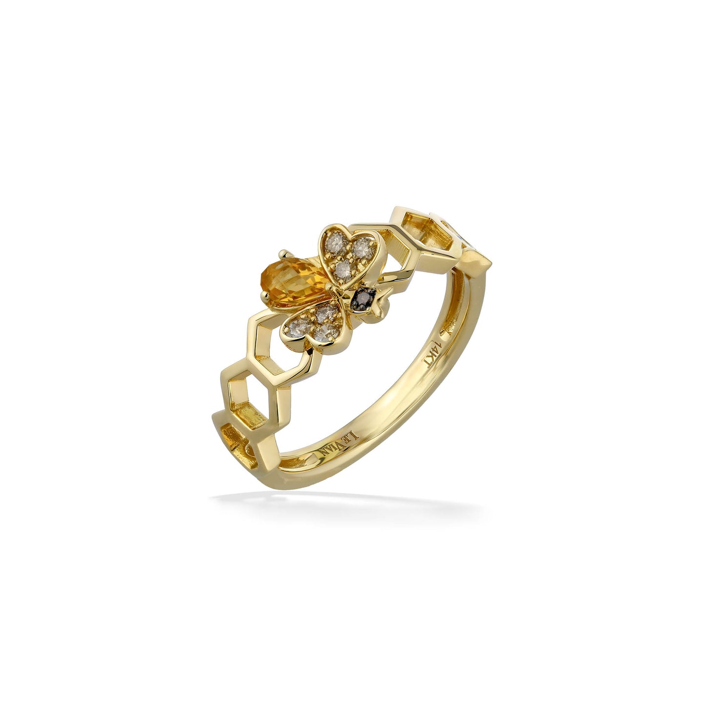 Yellow gold ring with honeycomb design featuring a citrine and diamond honeybee motif at the center. Item No. 773154