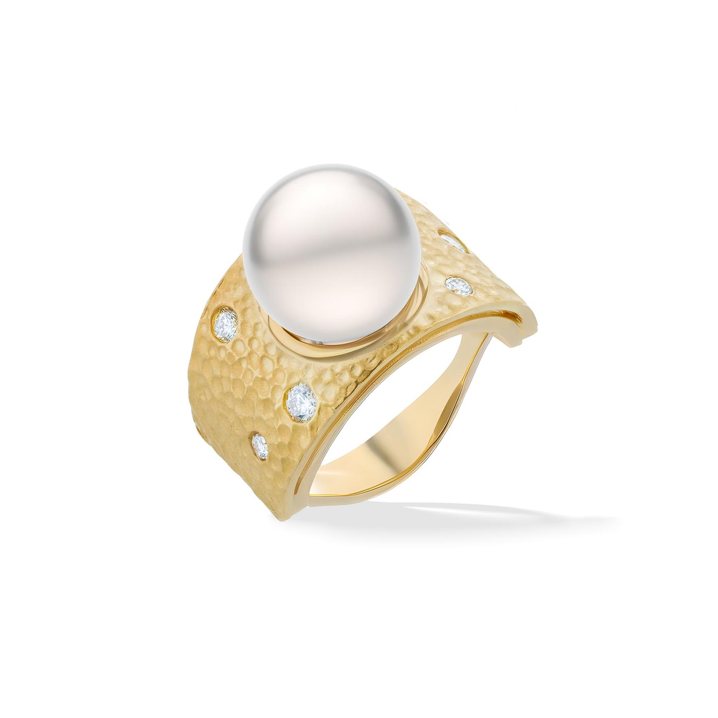 Hammered 14K yellow gold ring with 10mm white South Sea pearl and scattered diamond accents. Item No. 44519