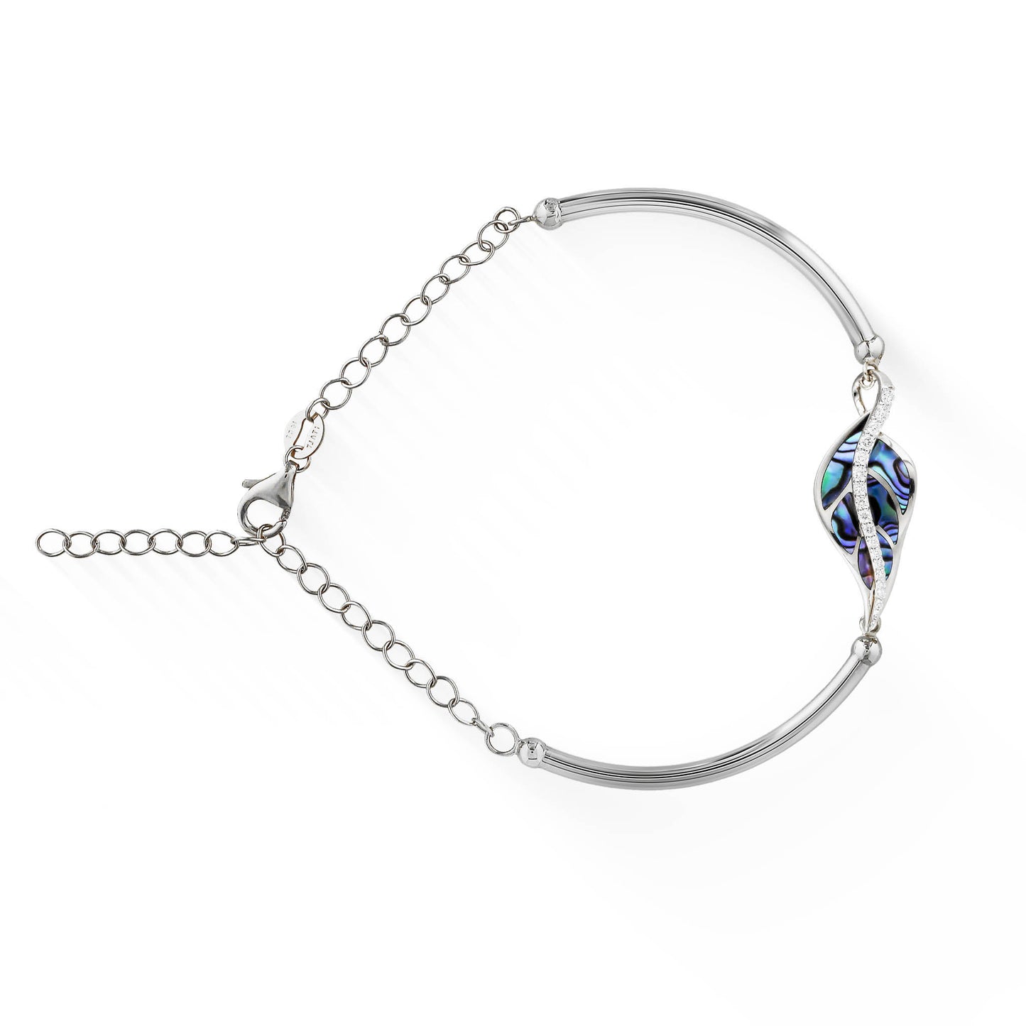 Maile leaf bracelet in 14K white gold set with shimmering abalone & diamond-lined curvy center to stem. Item No. 44517