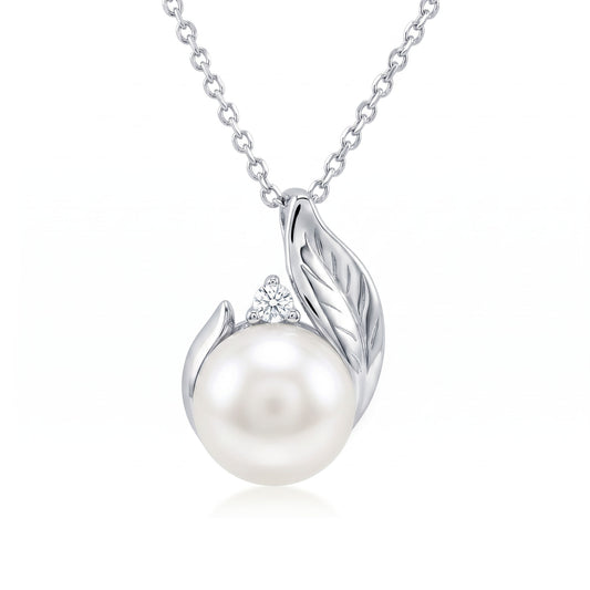 White gold maile leaf pendant showcasing a 7mm Akoya pearl and 0.03 carat diamond with matching chain. Item No. 44557
