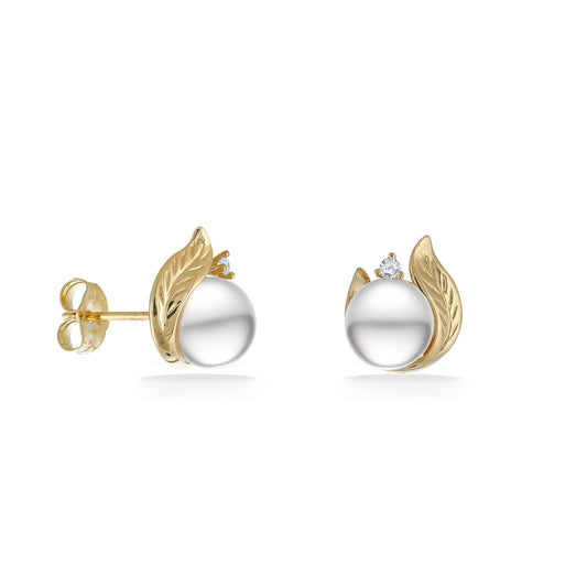Elegant 14k yellow gold pearl stud earrings with diamond accents & curved maile leaf. Partial view of backing. Item No. 44558