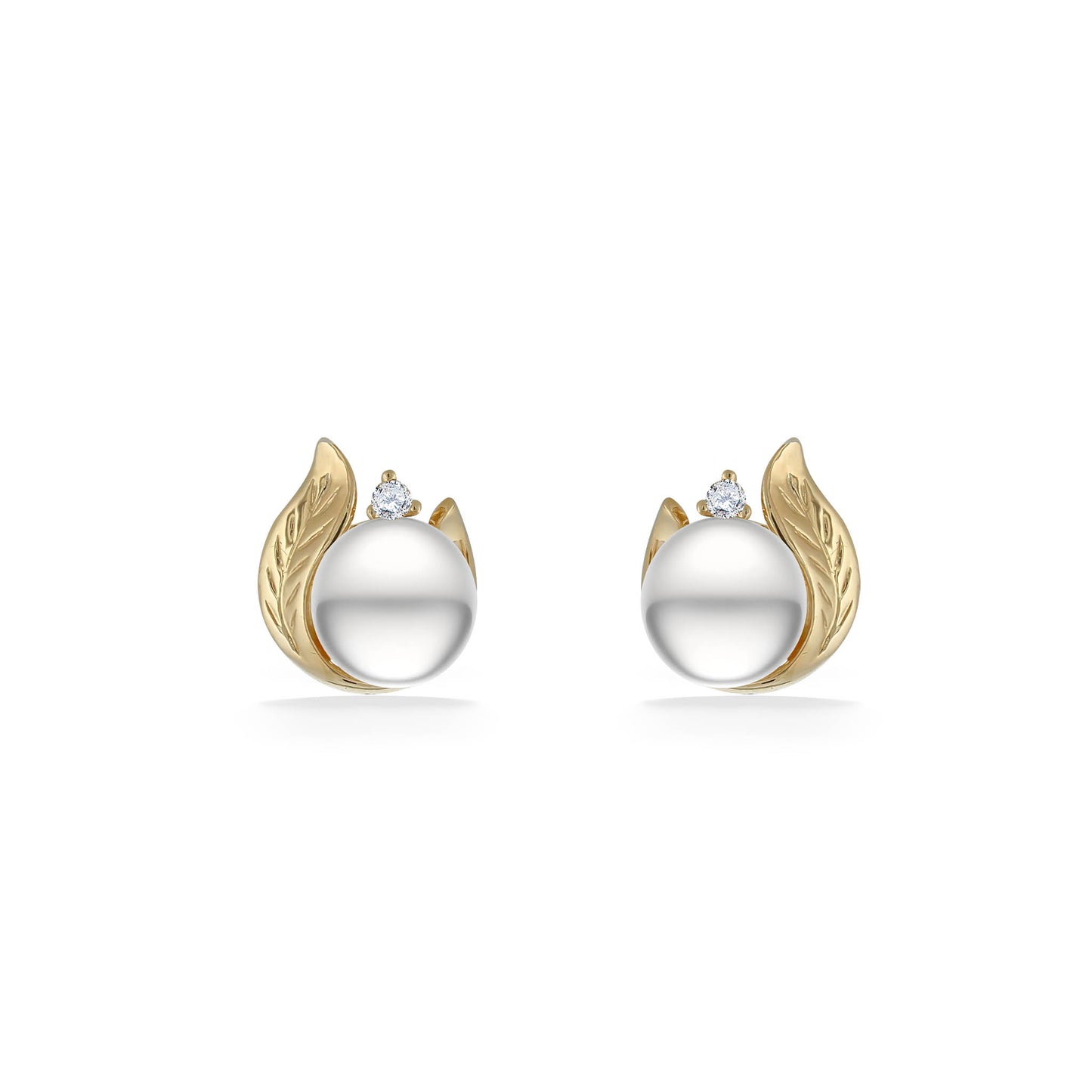 Yellow gold stud earrings with sculpted maile leaf design, accented by white akoya pearls & subtle diamond. Item No. 44558