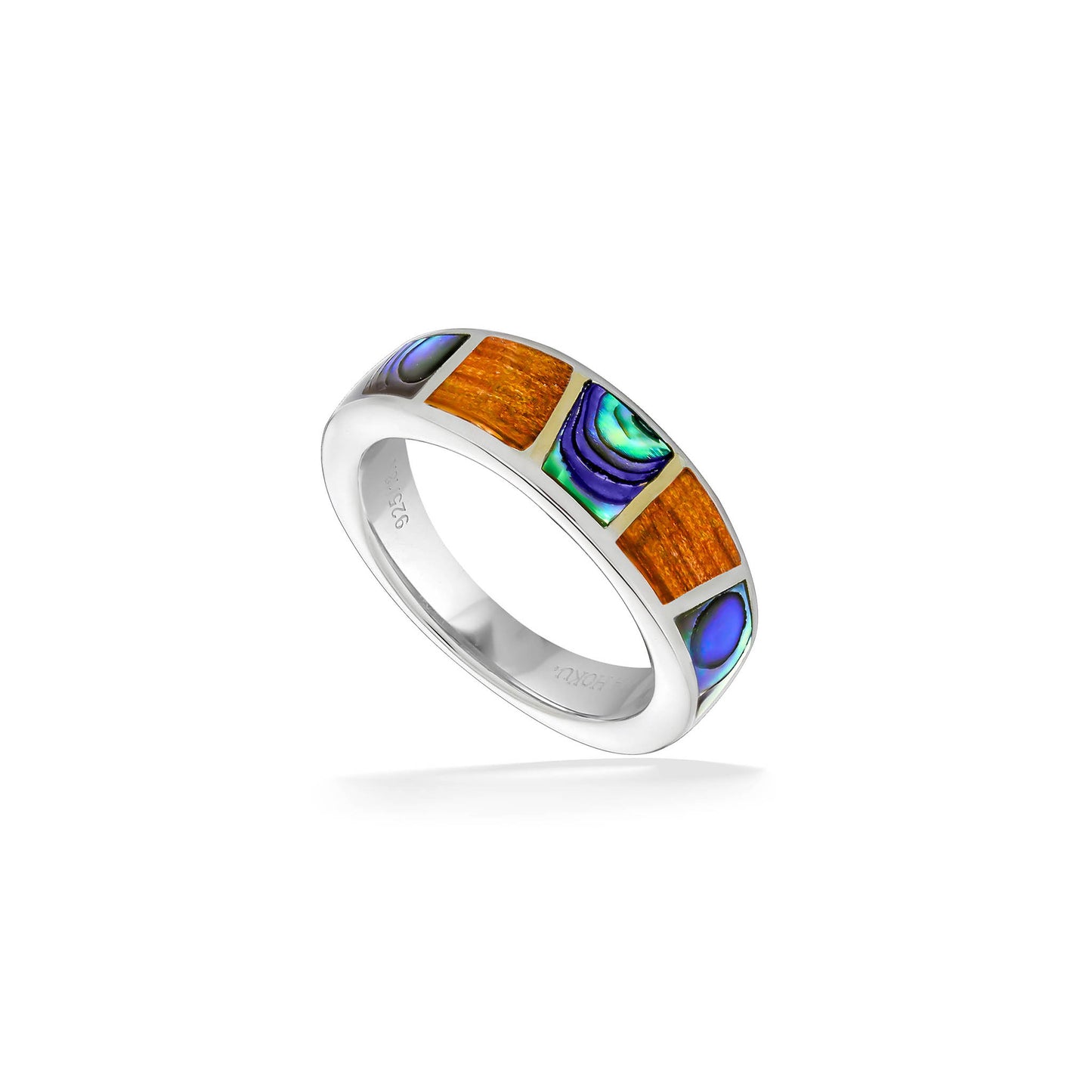Angled view of silver ring highlighting koa wood panels and iridescent abalone shell accents. Item No. 44574