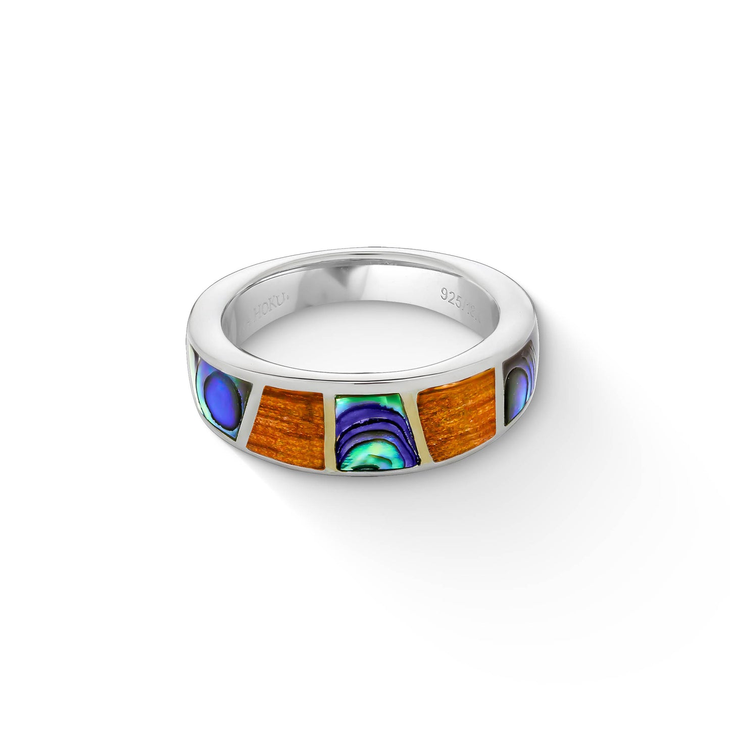 Front view of sterling silver ring showcasing alternating koa wood & abalone inlay, island-inspired design. Item No. 44575