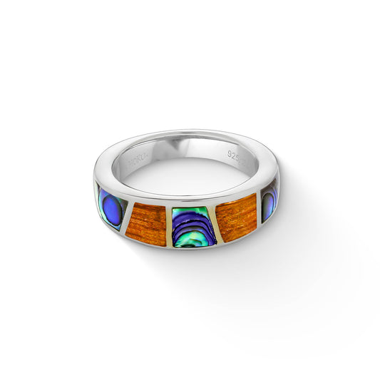 Side angle of silver ring showing smooth band profile and colorful inlay detailing. Item No. 44576