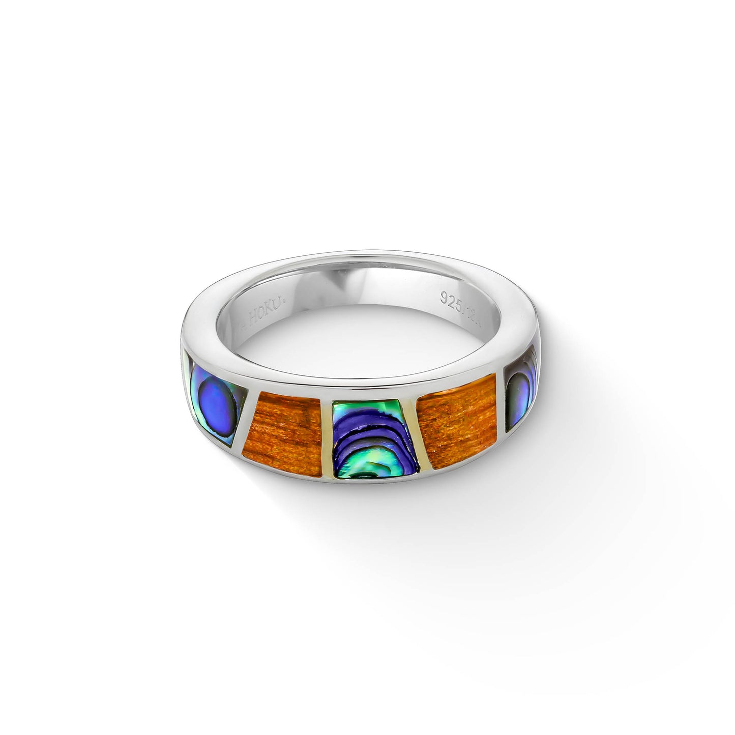 Side angle of silver ring showing smooth band profile and colorful inlay detailing. Item No. 44576