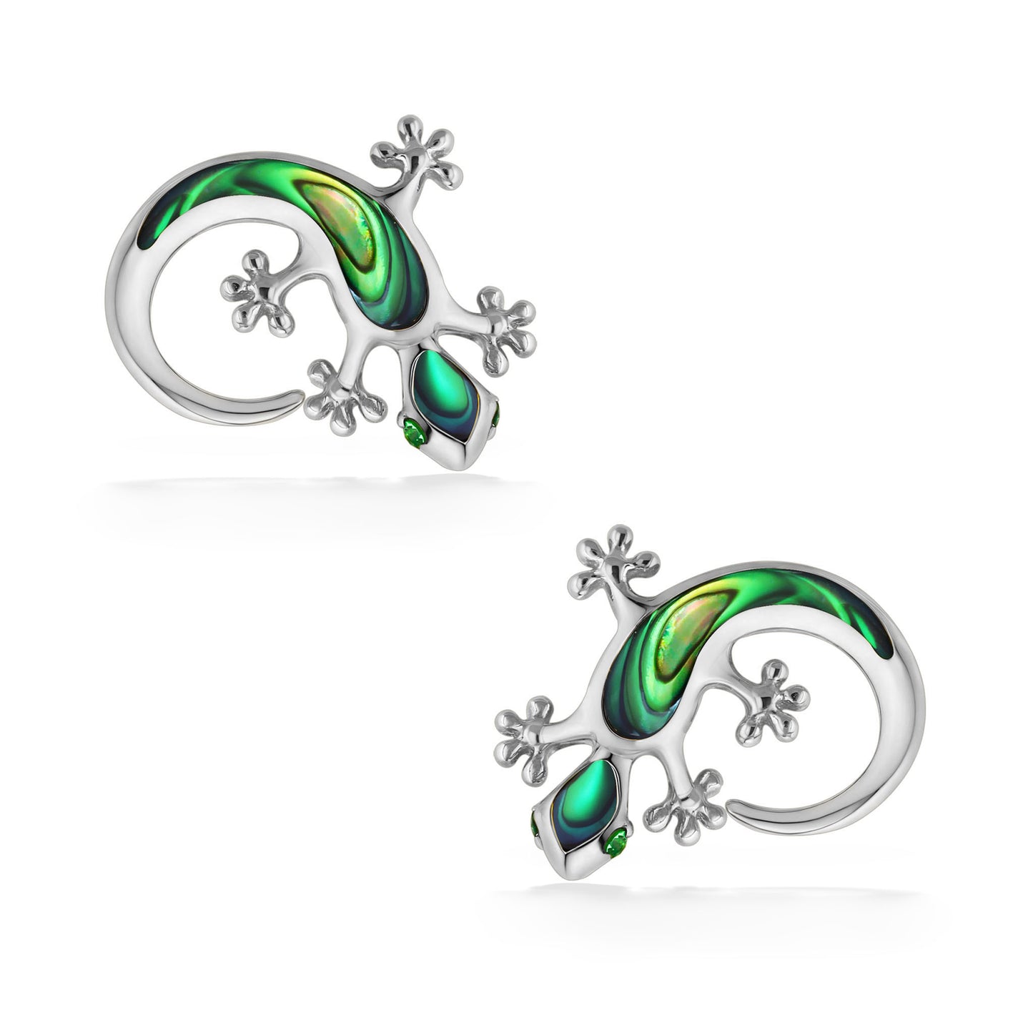 Gecko earrings with posts and earnuts in 14K White Gold & Abalone inlay. Tsavorite set in eyes. Item No. 44593