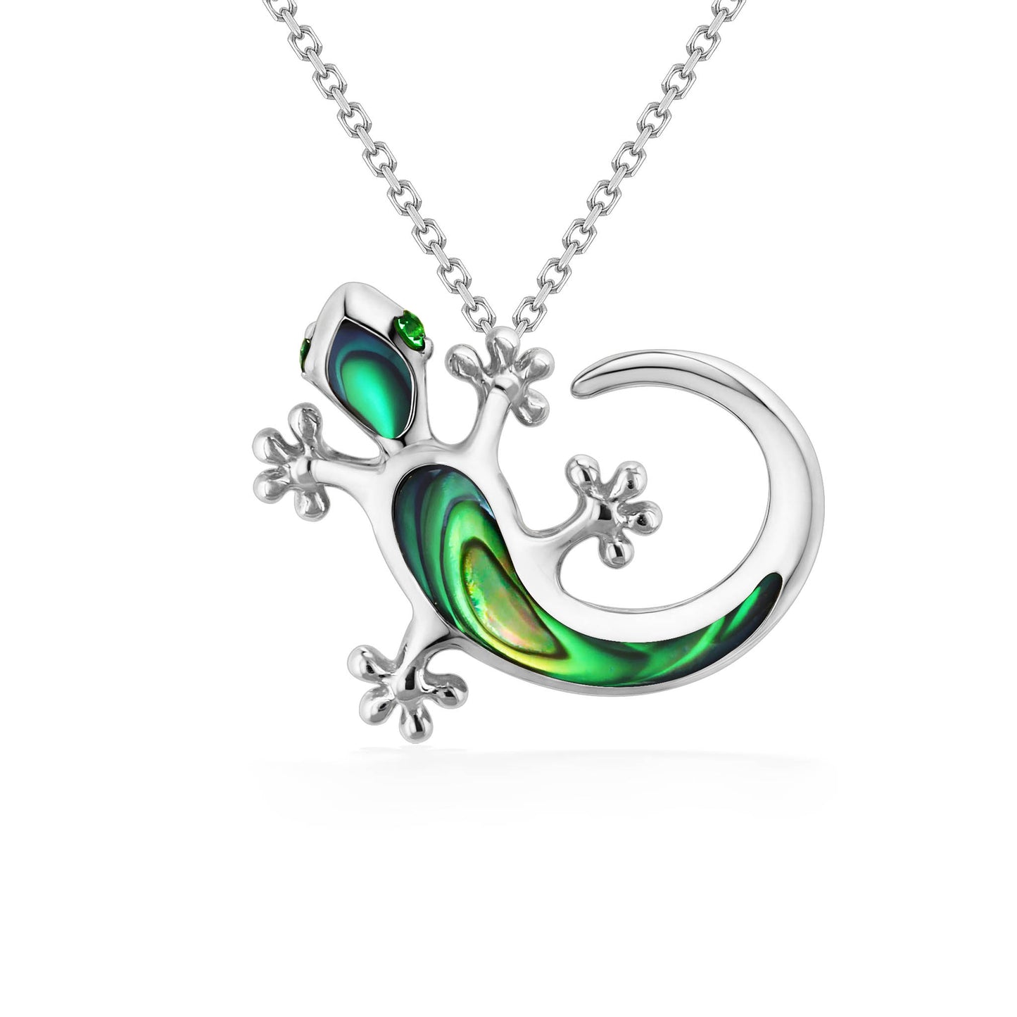 Cute 14k white gold gecko pendant with abalone inlay on its body & head, and tsavorites for eyes. Item No. 44594
