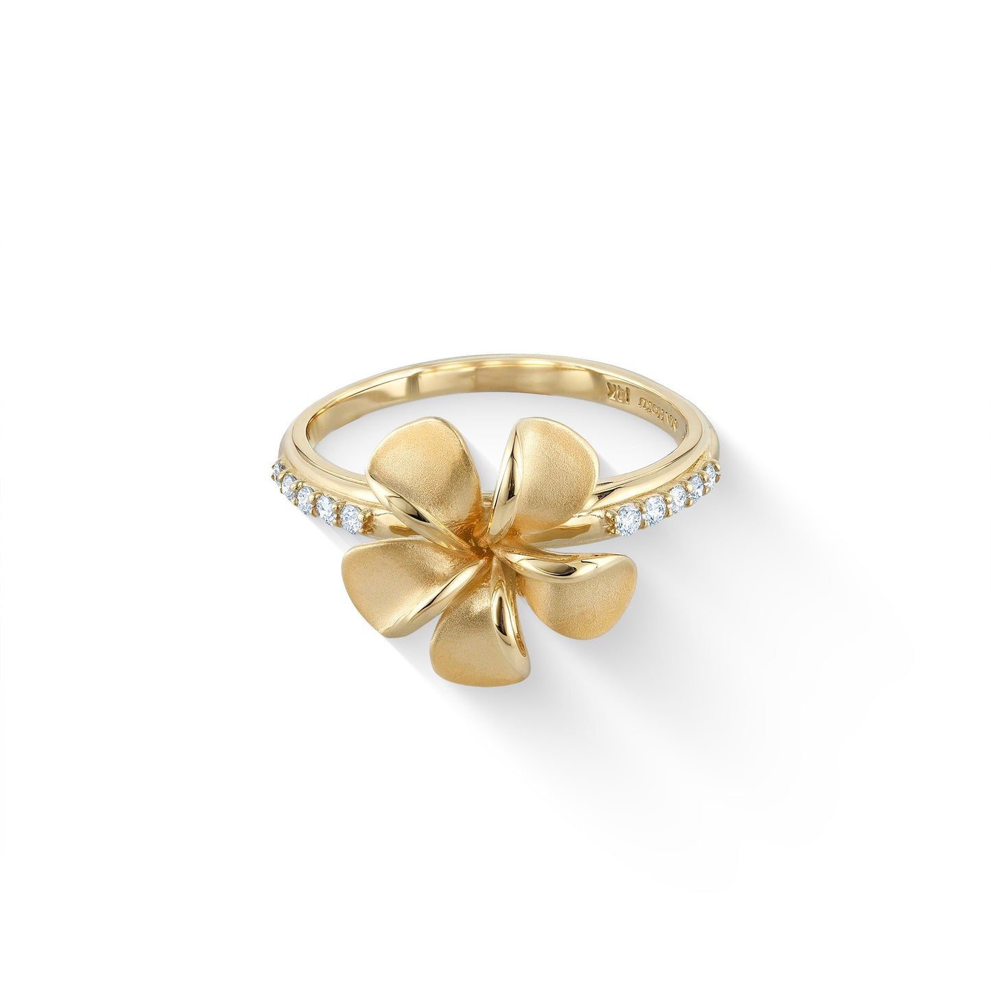 Diamond-accented yellow gold ring featuring a five-petal matte plumeria flower center. Item No. 44600