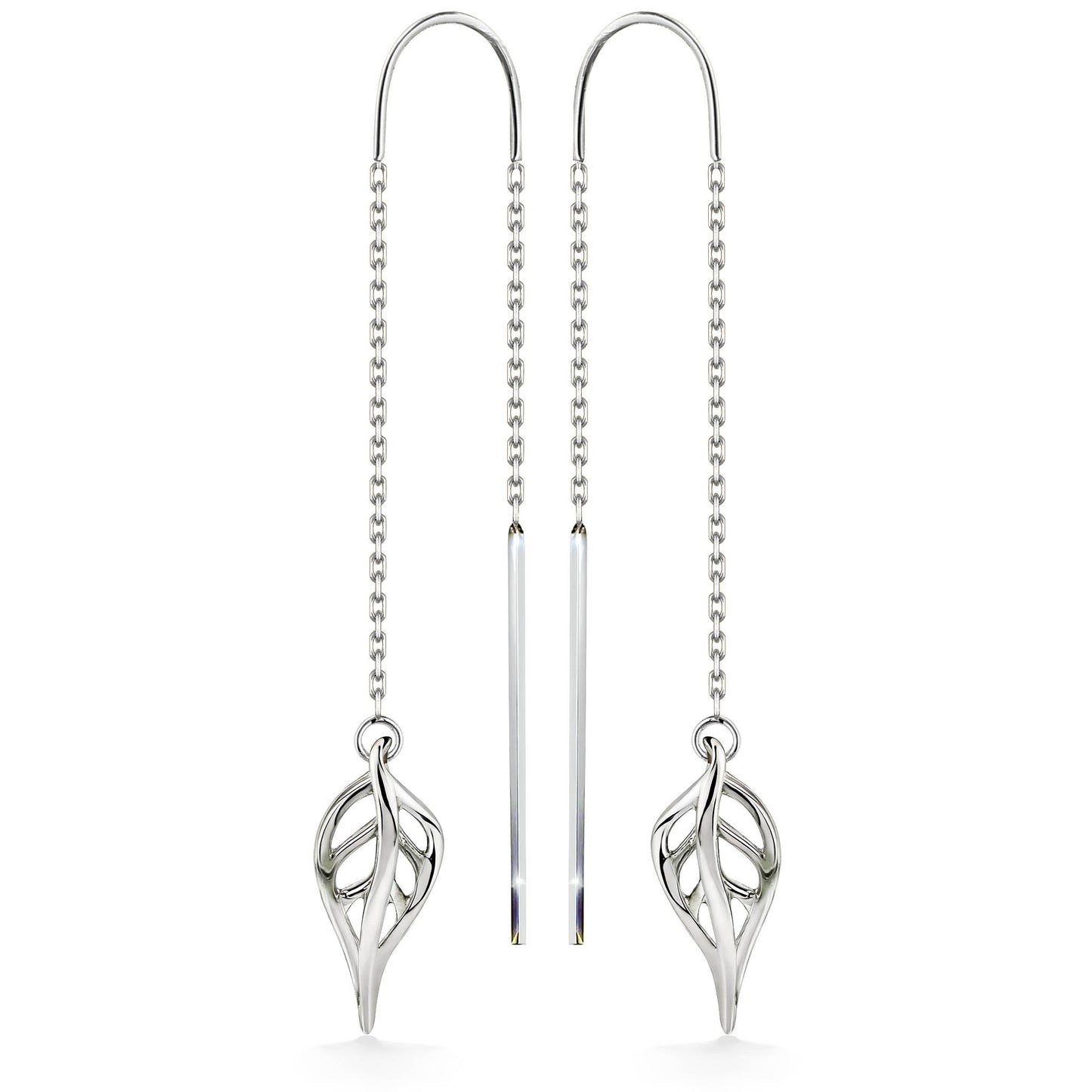 Shown in white gold, open maile leaf threader earrings with delicate chain detail, 2 3/4 inches. Item No. 44604