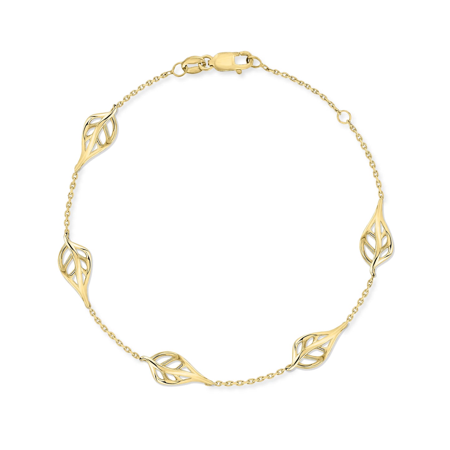 Adjustable 14K yellow gold bracelet with five open Maile leaves spaced along a delicate chain. Item No. 44606