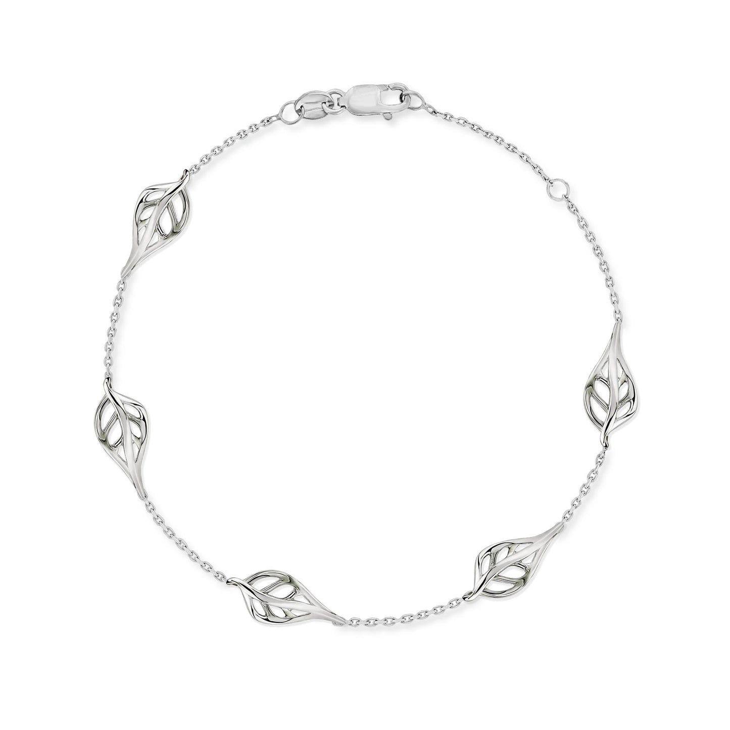 White gold bracelet with five open maile leaves stationed along an adjustable 7 to 7.75 inch chain. Item No. 44607