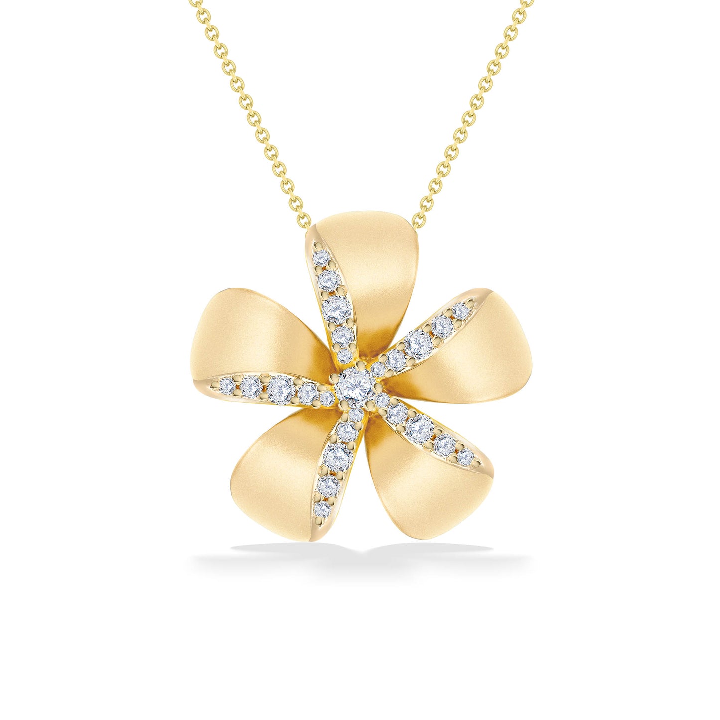 Gold plumeria pendant necklace with a center diamond & pavé-set diamond accents on each petal. Item No. 44618