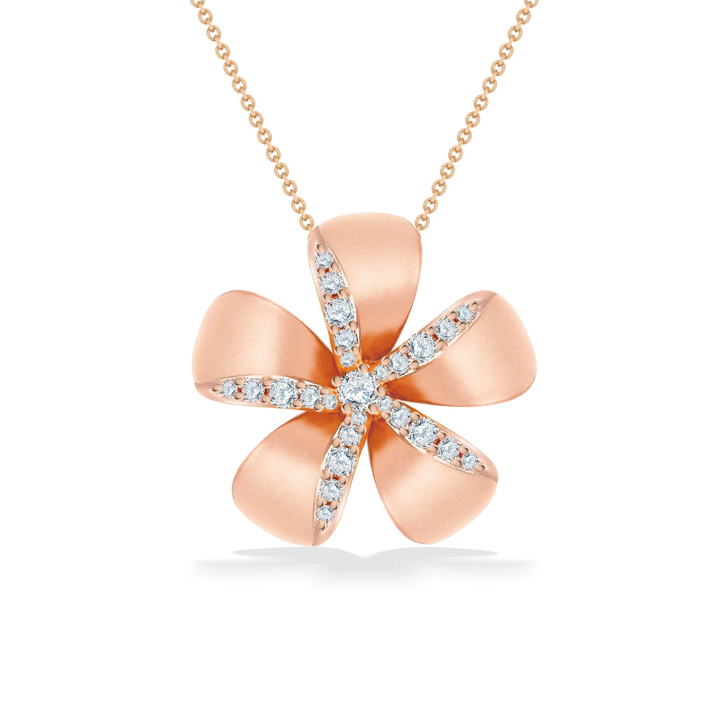 Beautiful 14k rose gold plumeria pendant necklace adorned with sparkling pavé-set diamonds & a center diamond. Item No. 44620