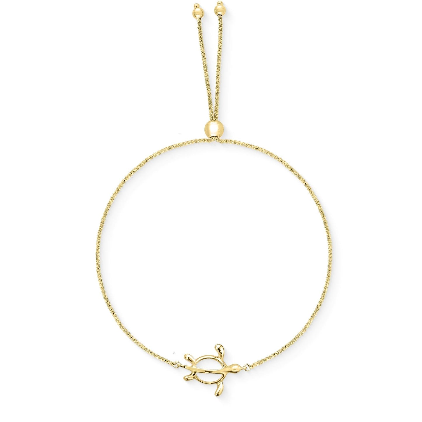 Yellow gold honu bolo bracelet with an adjustable sliding clasp and polished sea turtle centerpiece. Item No. 44621