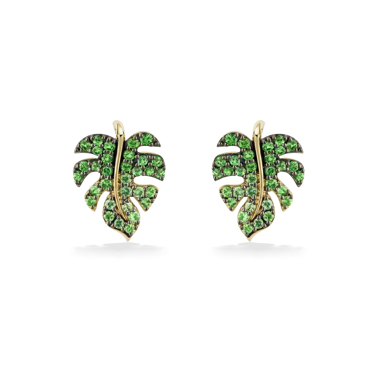 Monstera stud earrings featuring ombré green tsavorites made in 14k yellow gold with a gold center stem. Item No. 773196