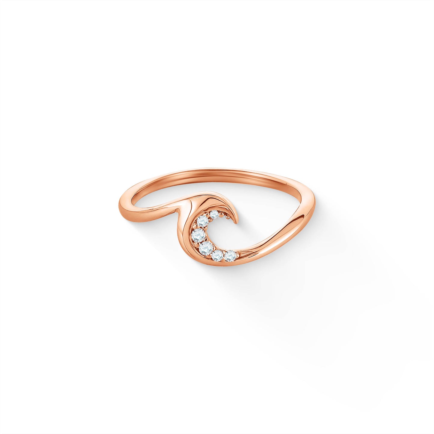 Top-down rose gold ring showing graceful ocean swell wave design and diamond details. Item No. 44633
