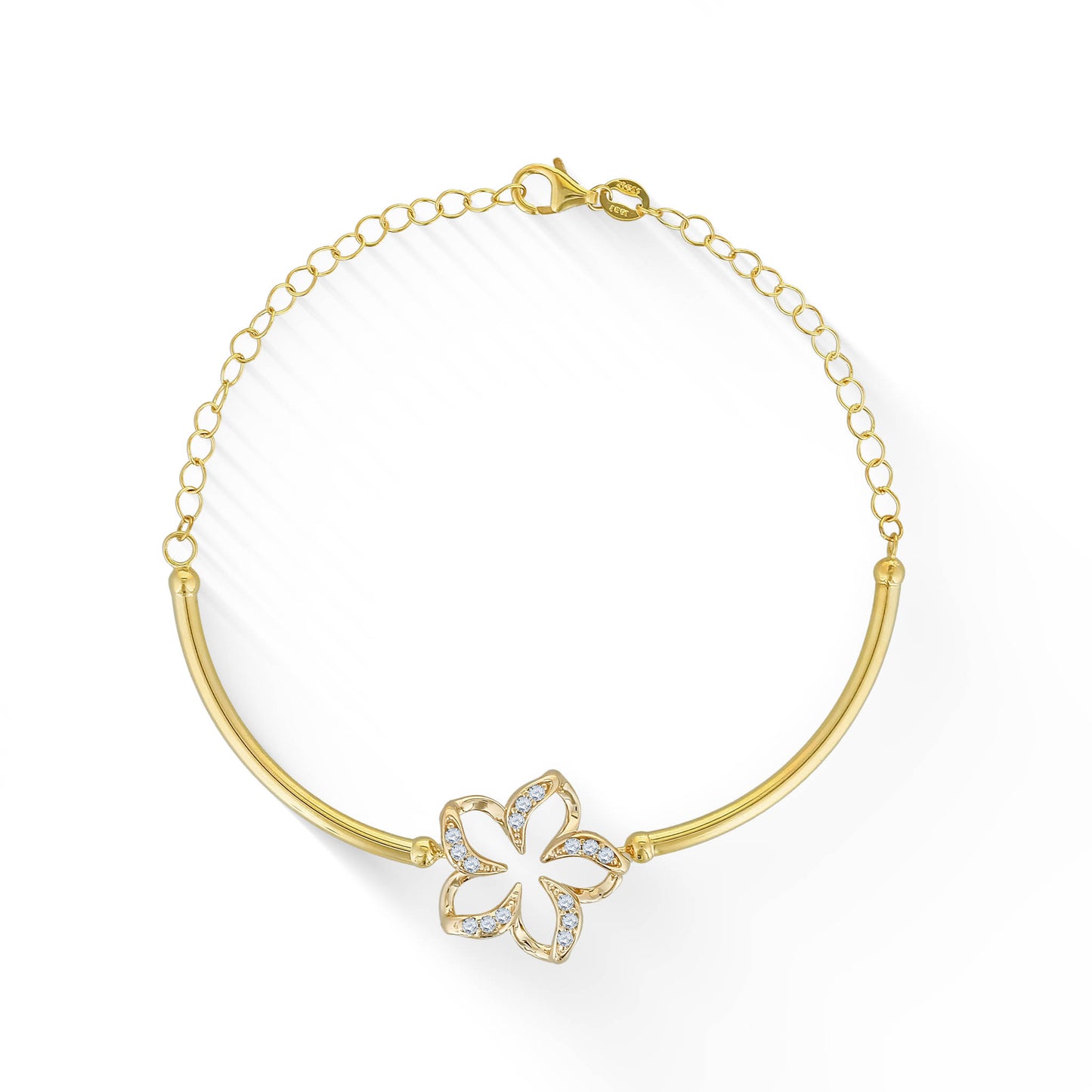 Yellow gold laser cut plumeria with diamonds in middle of curved tubes, attached to chain with lobster clasp. Item No. 44637