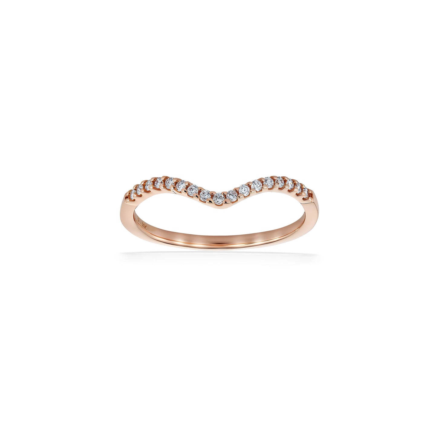Top view of rose gold chevron ring featuring sparkling diamonds and a smooth curved silhouette. Item No. 44662