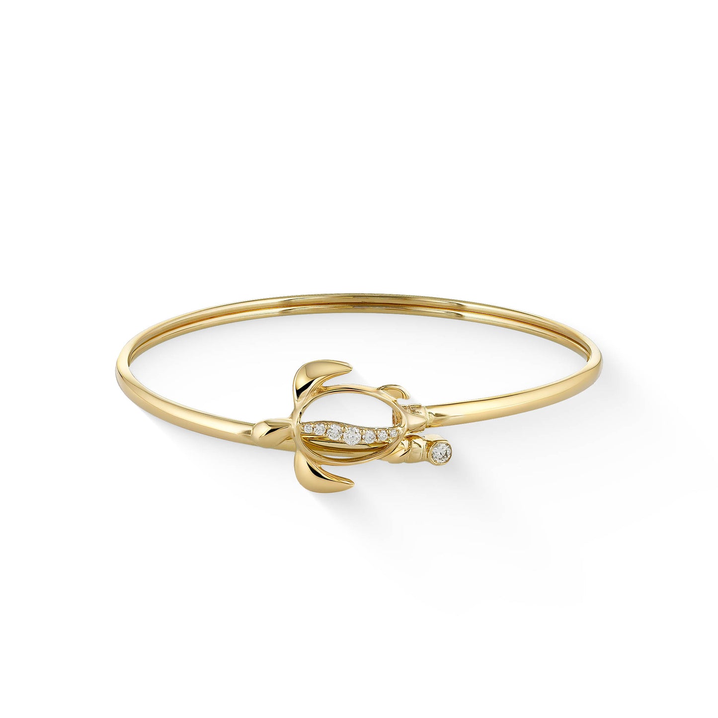 Yellow gold bypass bangle featuring cutout turtle & diamond lined center swirl shell & diamond on other end. Item No. 44648