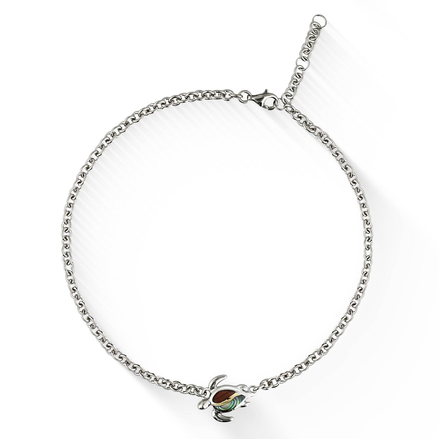 18K yellow gold and sterling silver Honu anklet with abalone and koa wood inlay, adjustable chain. Item No. 44652