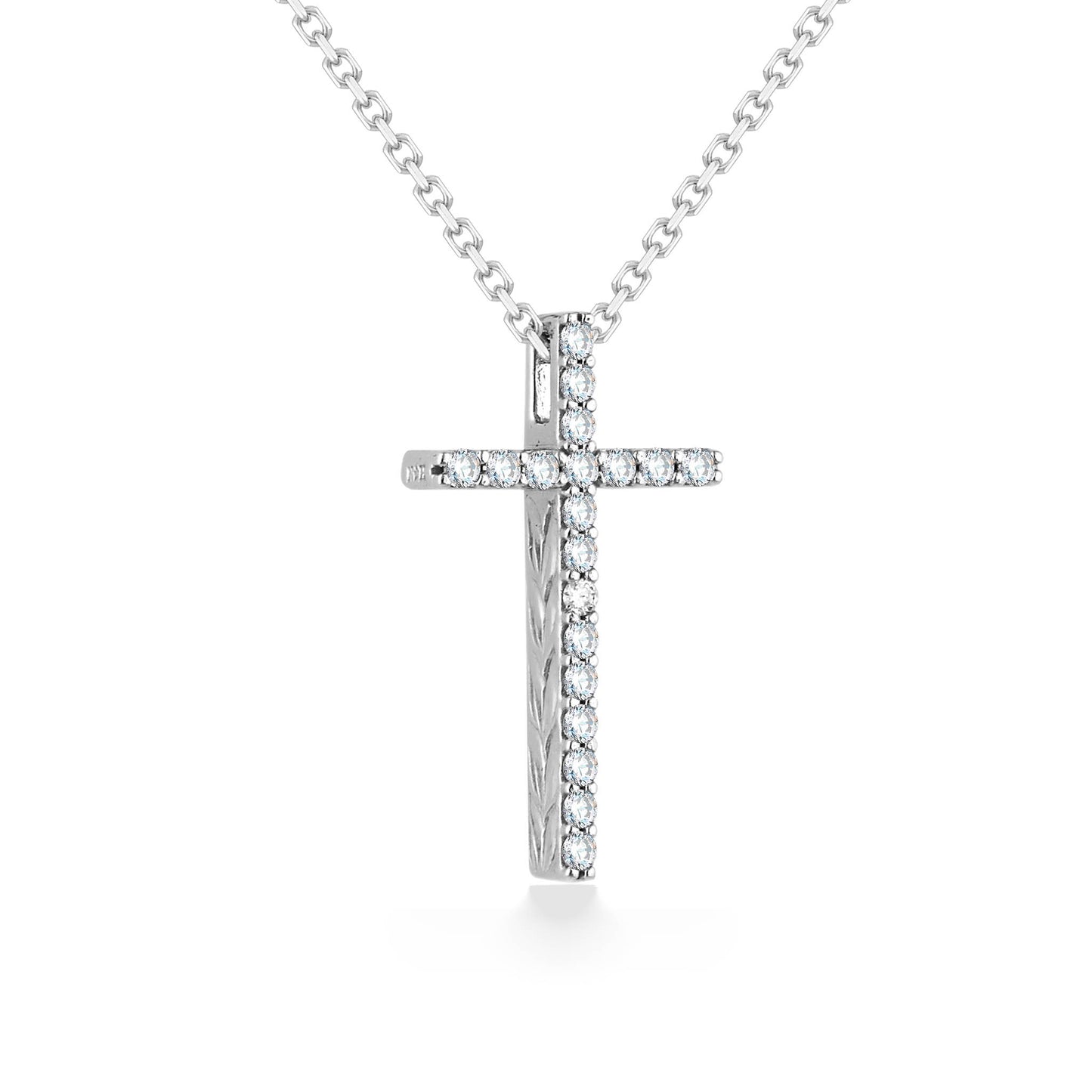 In 14K white gold, this maile scroll cross pendant sparkles with 0.23 carats total diamonds. Item No. 19132