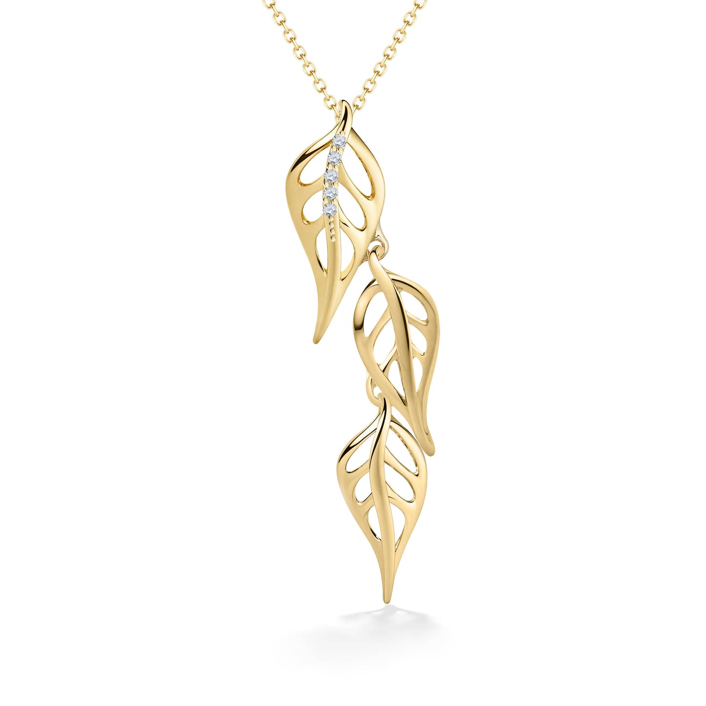 Yellow gold drop pendant showing 3 linked laser cut maile leaves and half diamond-lined center on first leaf. Item No. 44673