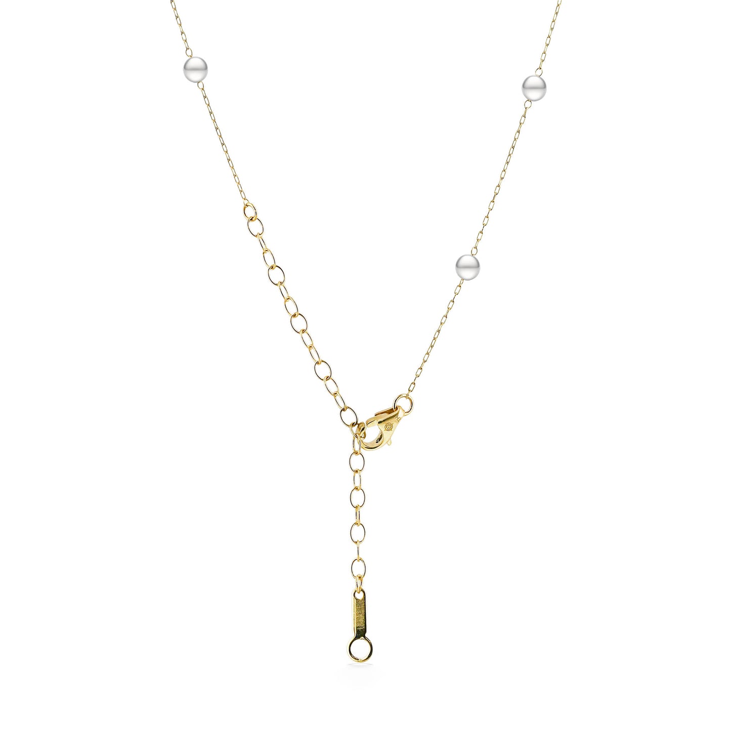 Close view of 14k yellow gold adjustable chain links and clasp detailing on a pearl station necklace. Item No. 773218