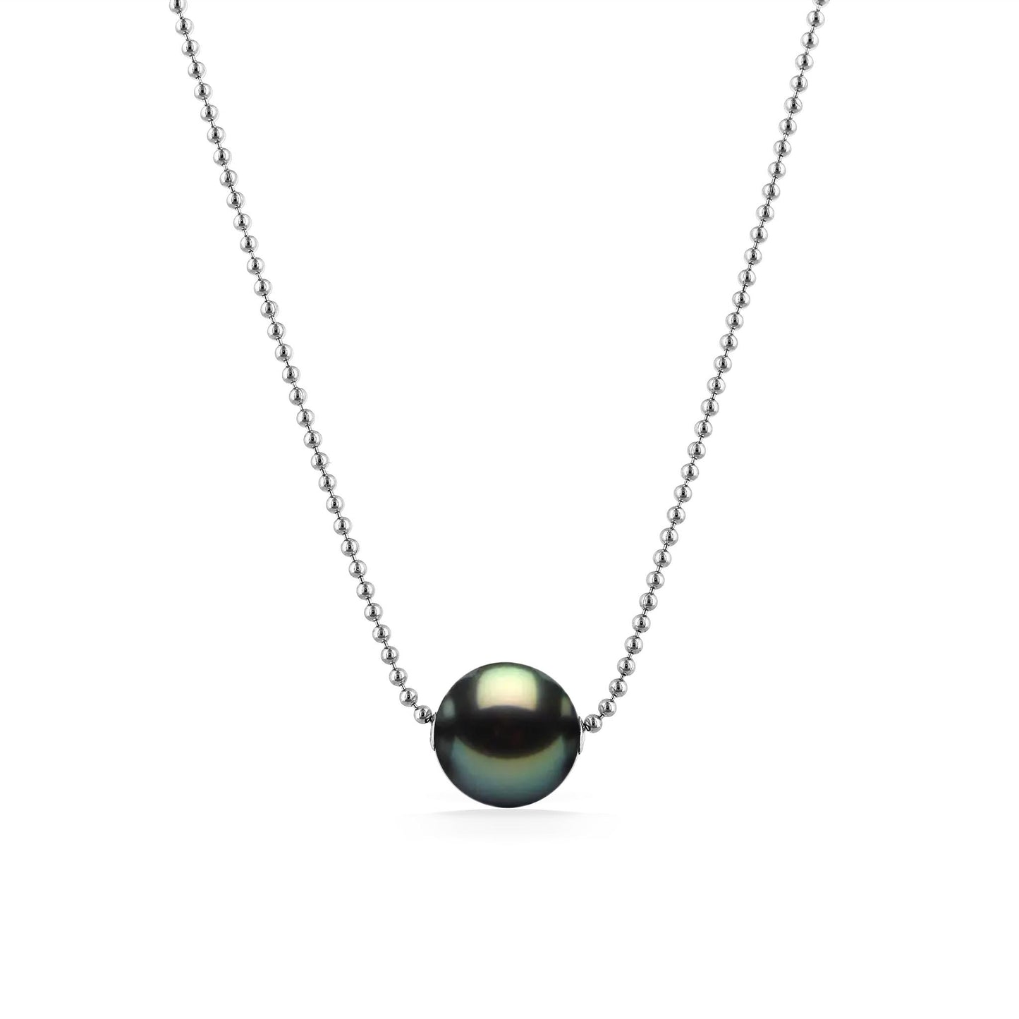 Polished ball chain made in 14k white gold with a single 11-12mm tahitian pearl slider. Item No. 44681