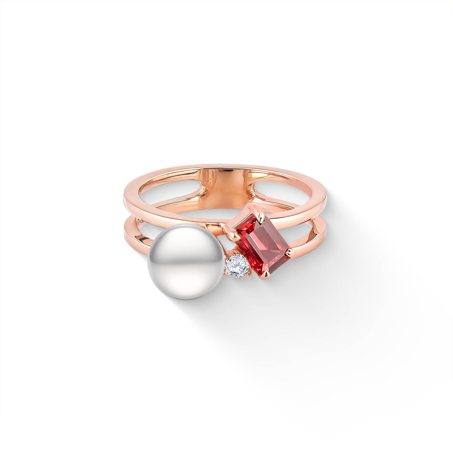 Rose gold open band ring with white akoya pearl, pink tourmaline, and delicate diamond detail for contrast. Item No. 44683