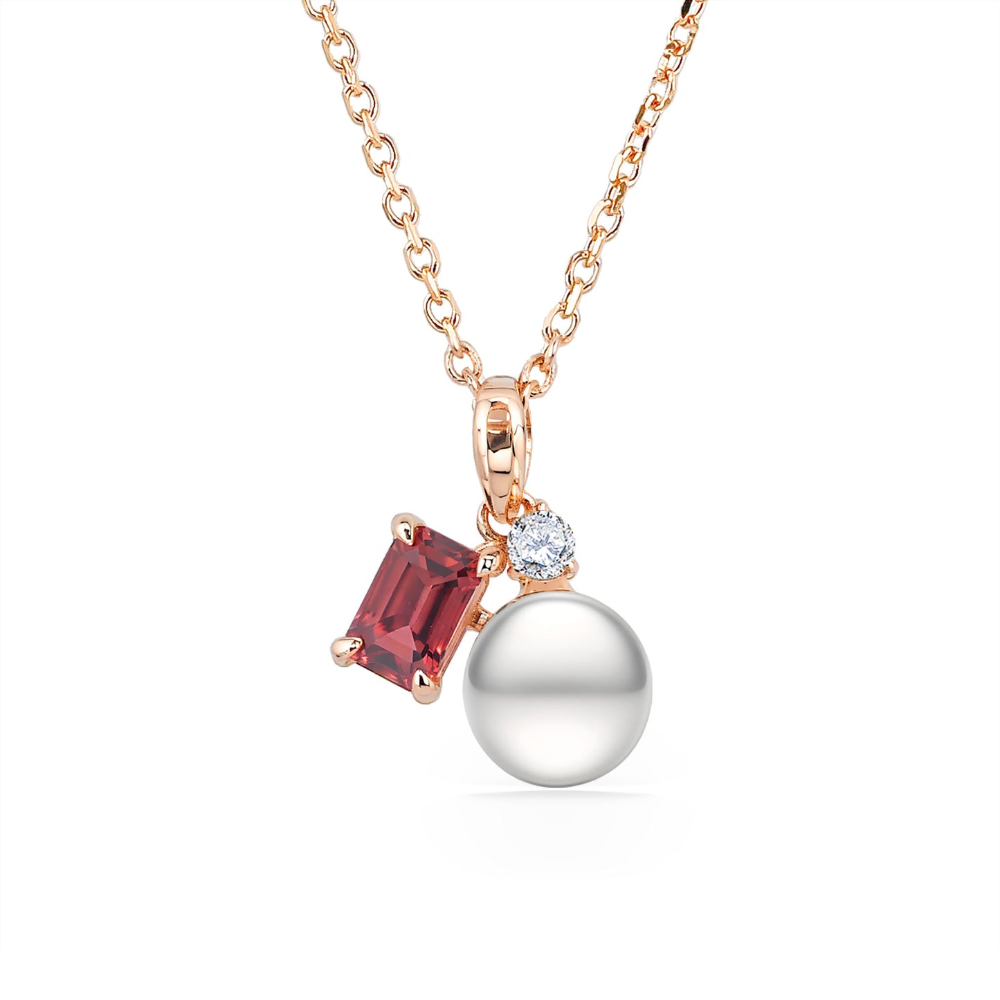 Rose gold necklace with white akoya pearl, geometric tourmaline & diamond accent in a modern design. Item No. 44684